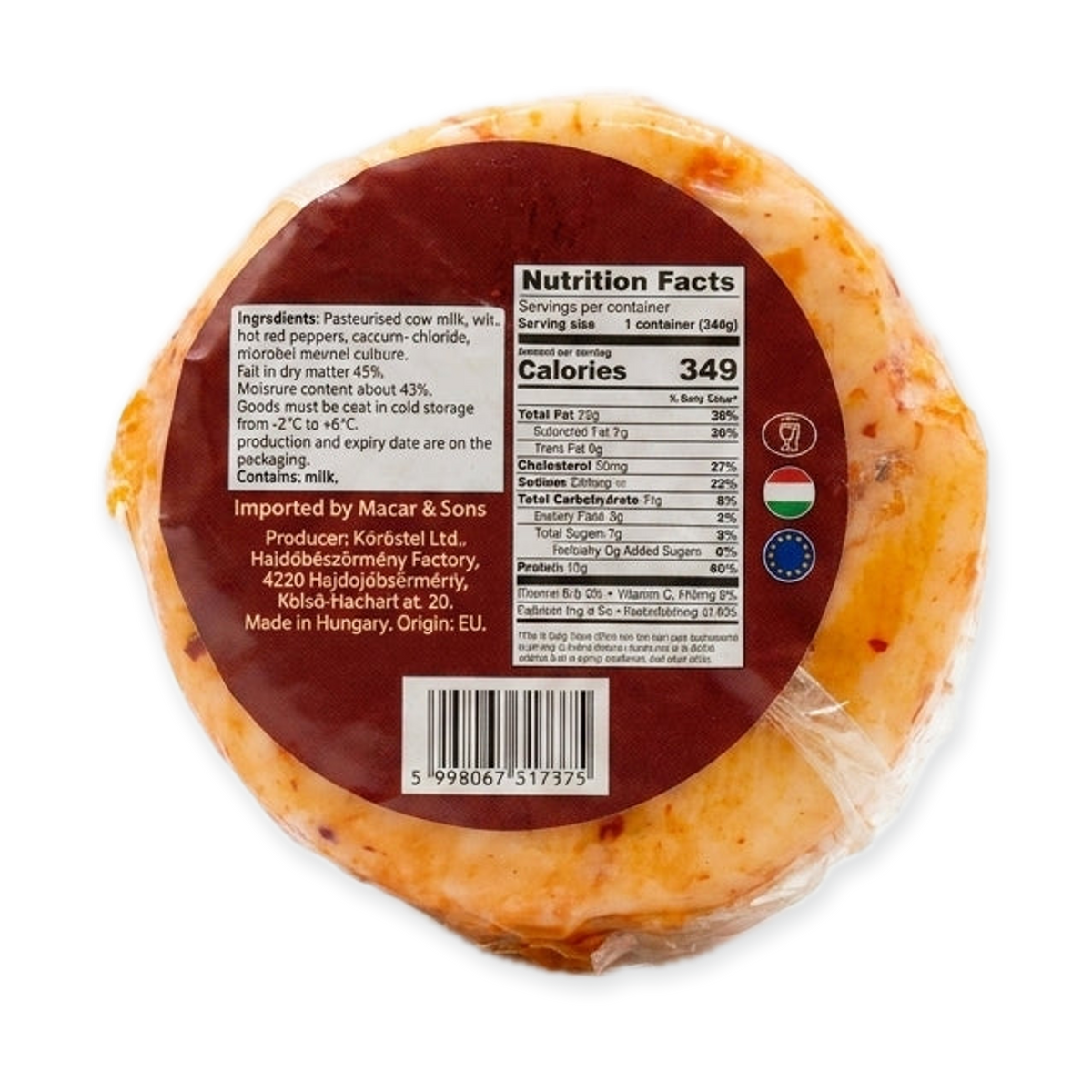 Hajdú Kashkawan Red Pepper Cheese 200g - Hungarian Cow's Cheese