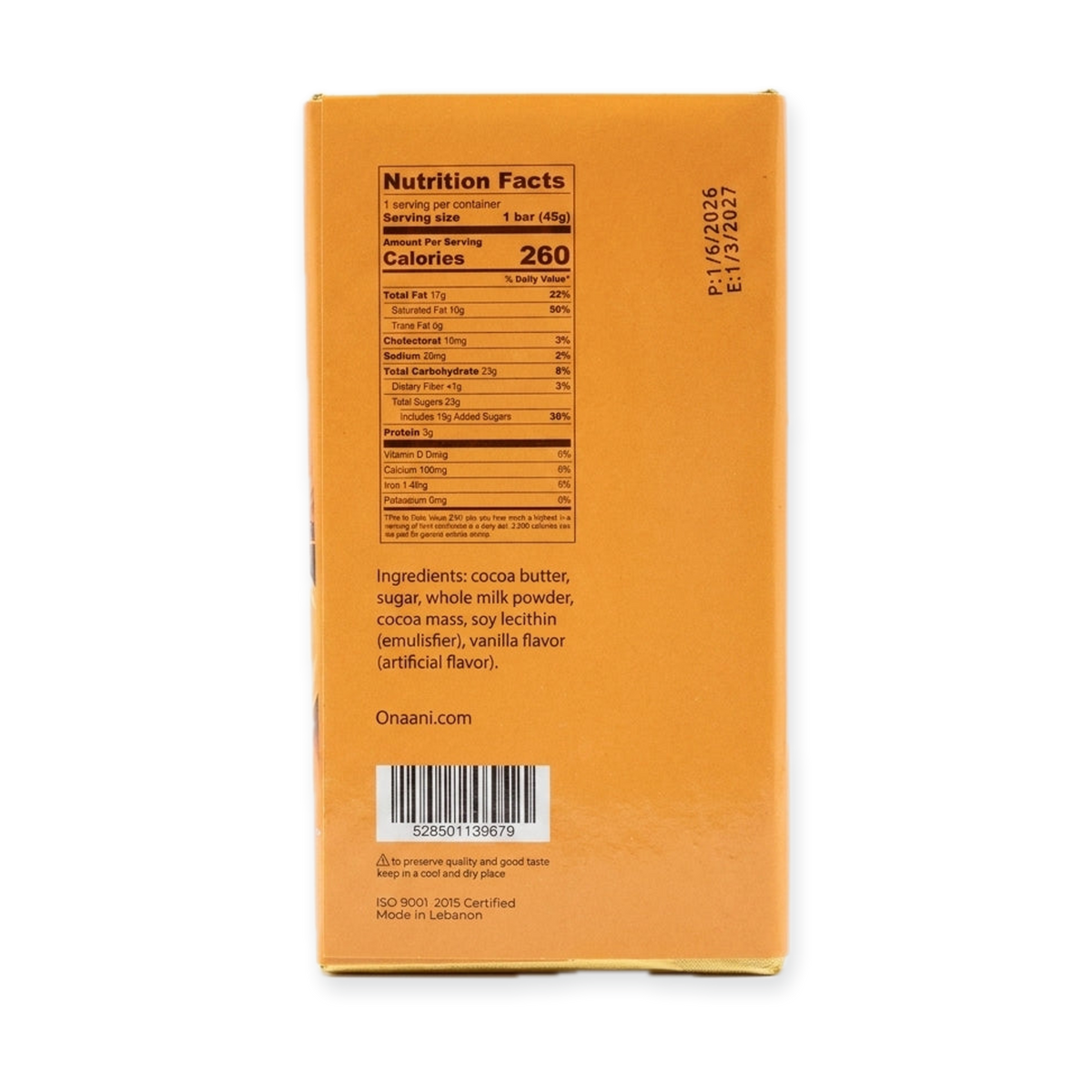 Onaani Milk Chocolate 45g - Premium Lebanese Chocolate Bar