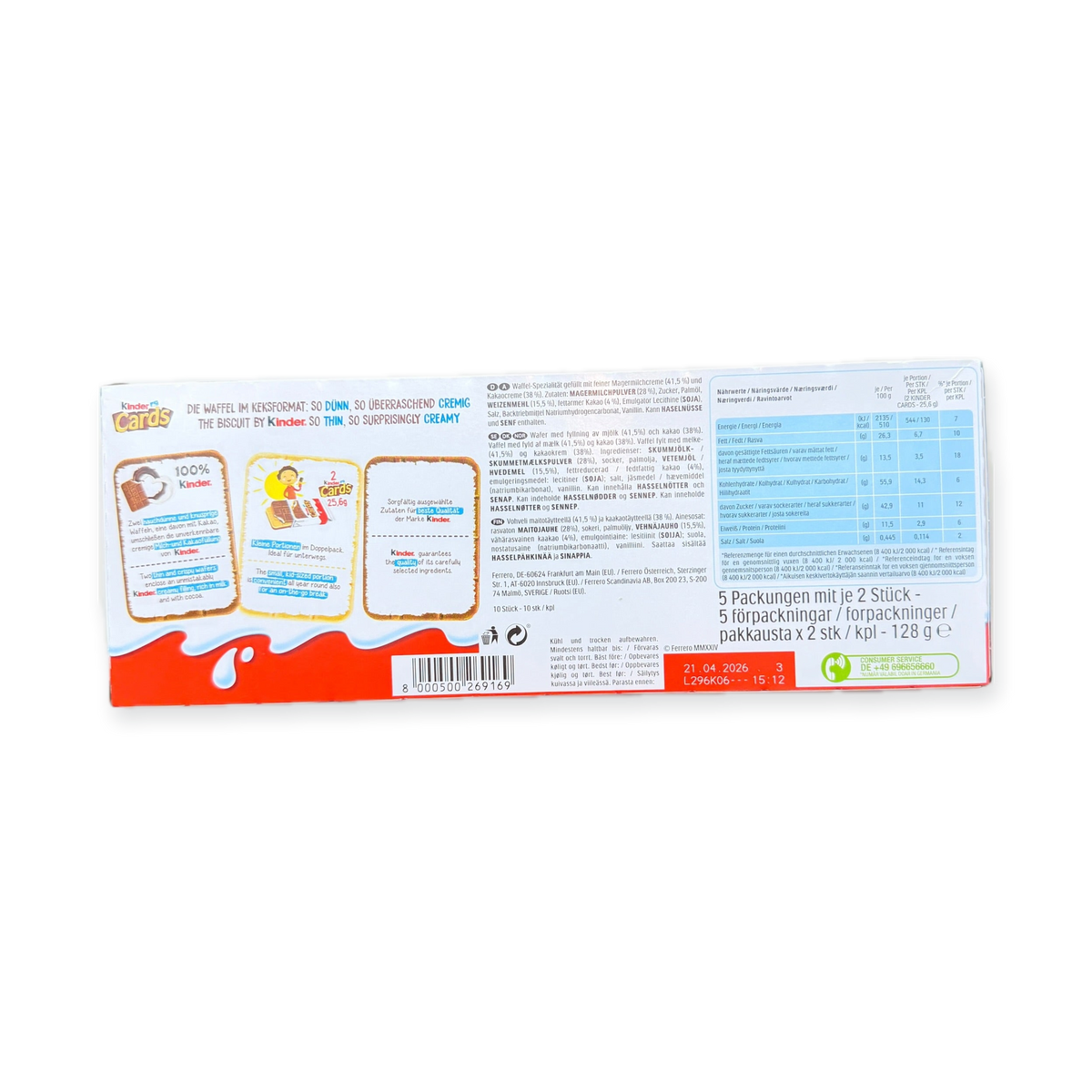 Kinder Cards 128g (5x2 Pack) - Premium Milk & Cocoa Biscuits