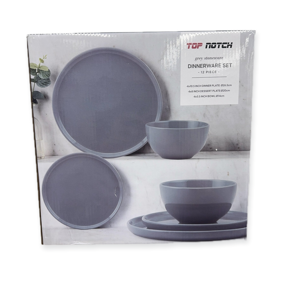 Top Notch Grey Stoneware 12-Piece Dinnerware Set