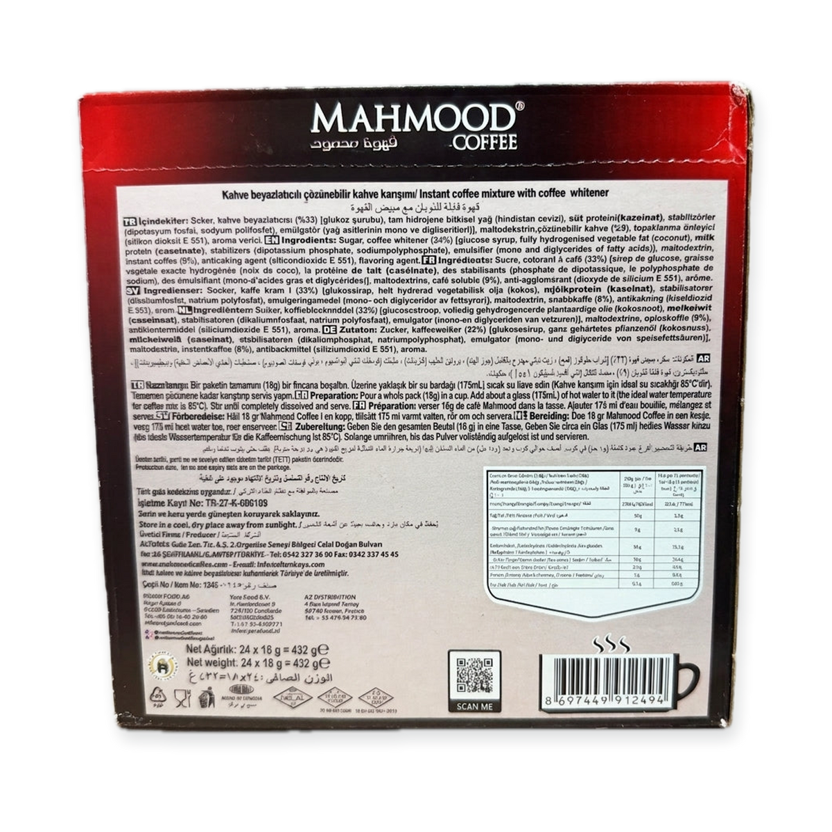 Mahmood Coffee Original 24 Sticks 432g - Instant Turkish Coffee Mix