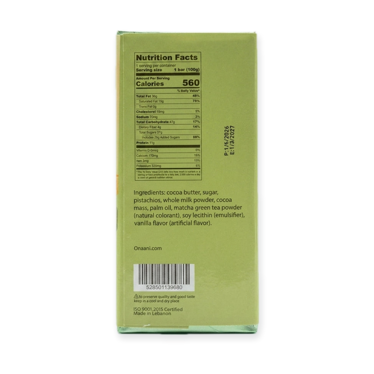 Onaani Milk Chocolate Pistachio Knefeh 100g - Lebanese Fusion Bar