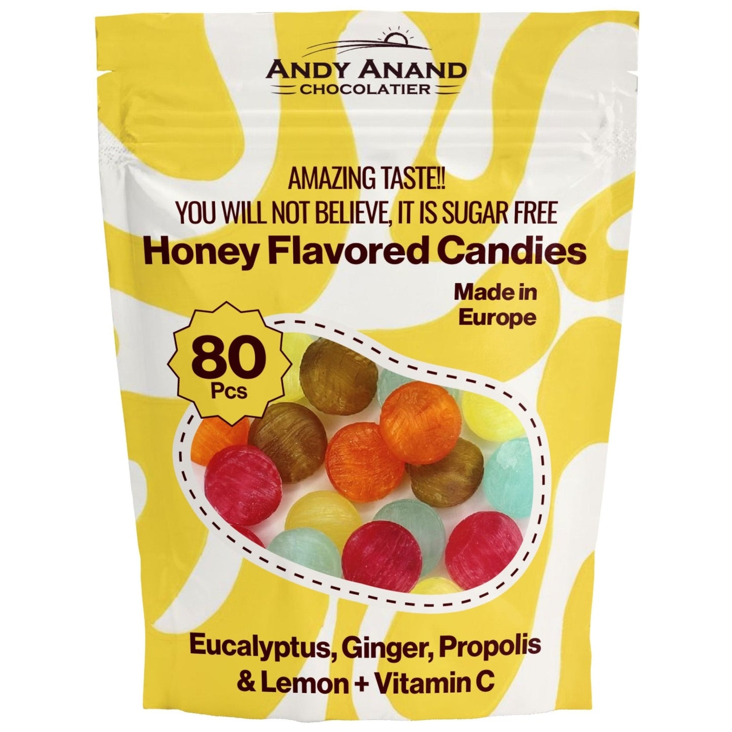 Andy Anand Sugar Free Honey Lemon Ginger Candies – Dry Mouth Relief, Stevia Sweetened, Keto, Gluten Free, Flown from Italy, 80 Pcs