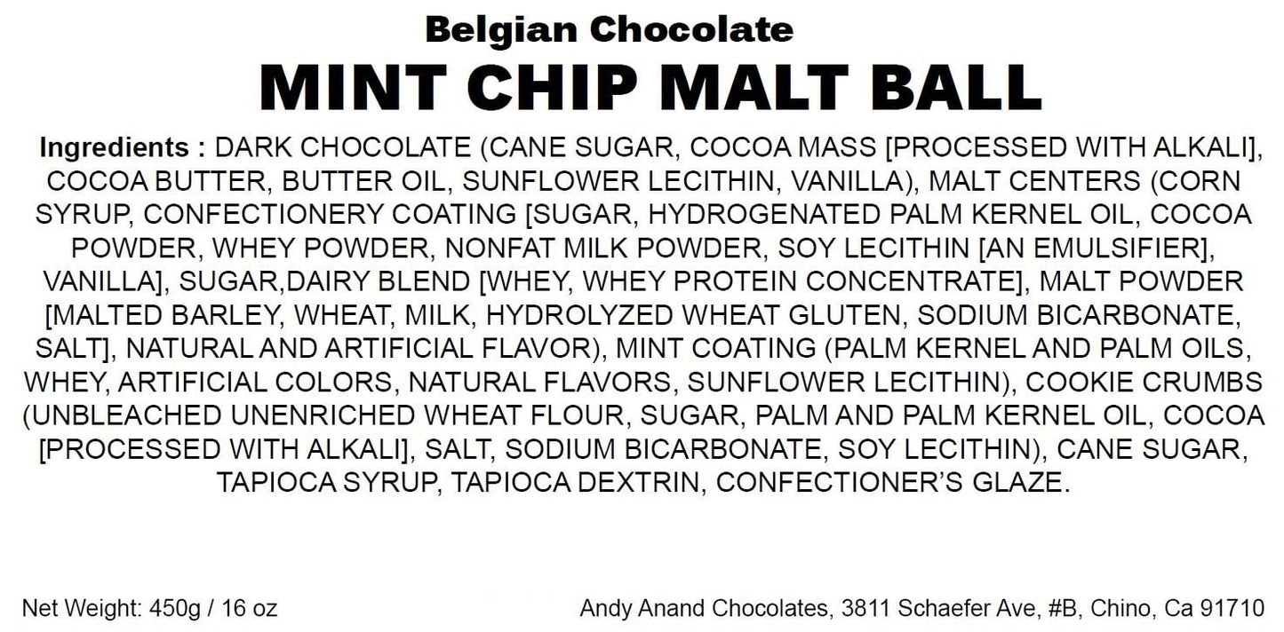 Andy Anand Belgian Chocolate Mint Chip Malt Balls – 1 lb Gift Box Made with 60% Chocolate (Cocoa Butter)