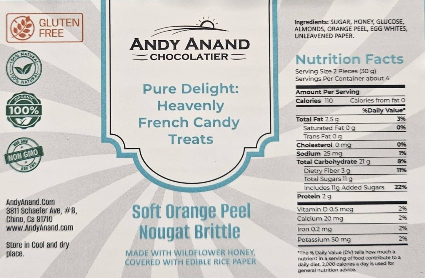 Andy Anand Deliciously Divine Orange Peel Soft Turron Nougats with Wildflower Honey - Turron Nougat Candy - A Traditional Spanish Treat - Indulgence in Every Bite 7 Oz