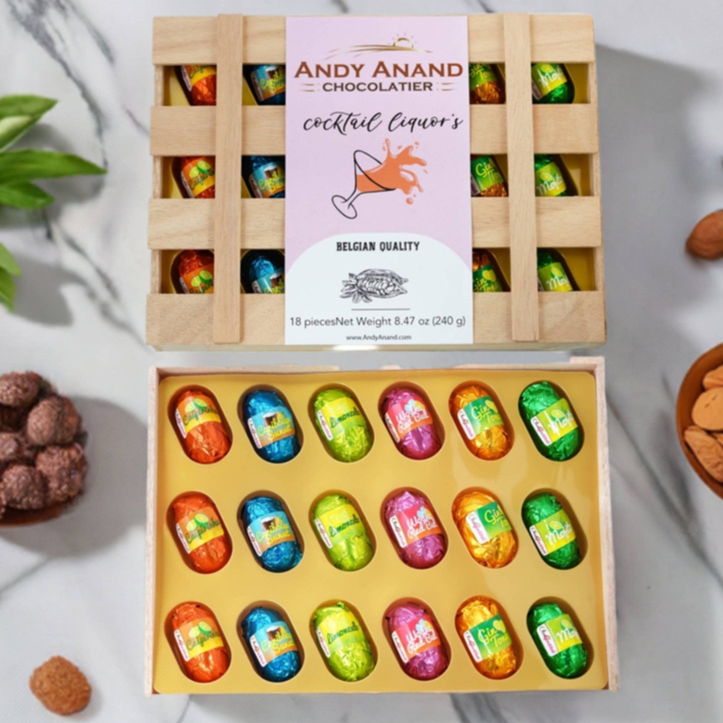 Andy Anand Cocktail Flavors, Six Unique, Vegan Dark Chocolates, 18 Pieces, Crafted with 60% Cocoa Butter, Decadent