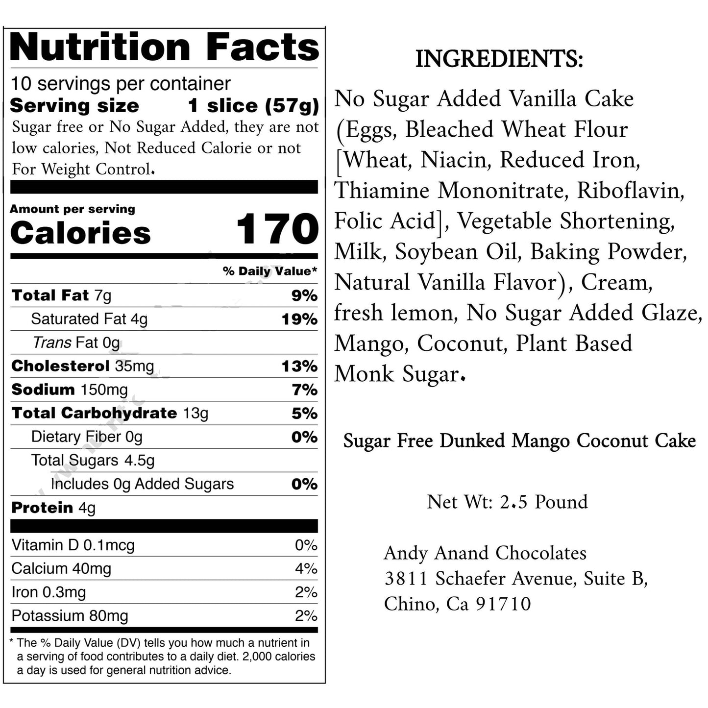 Andy Anand Sugar Free Coconut Mango Cake - Amazing Dessert 2.5 lbs a moist Mango delight infused with rich Coconut and fresh Mango