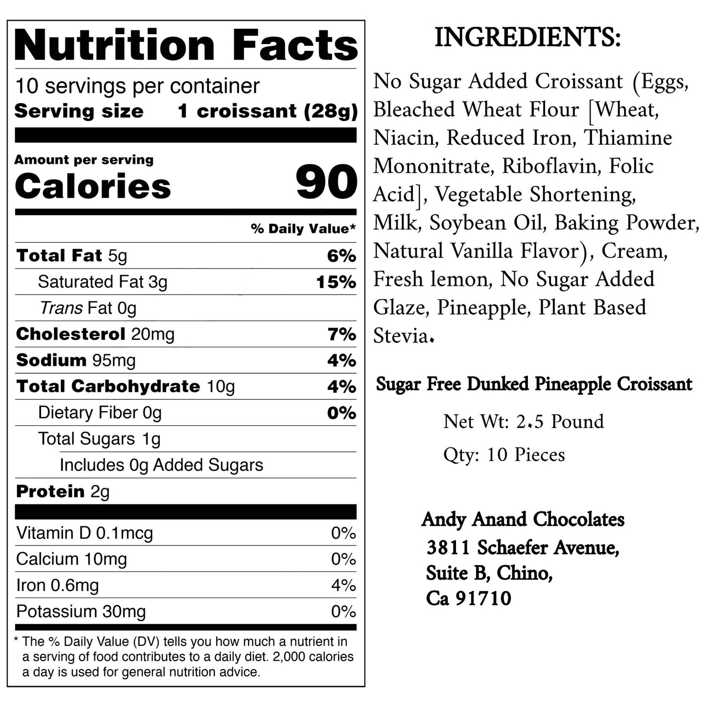 Andy Anand Sugar Free Pineapple Chocolate Croissant Cake Dessert 2.5 lbs, chunks of Pineapple on Flaky Croissant Cake