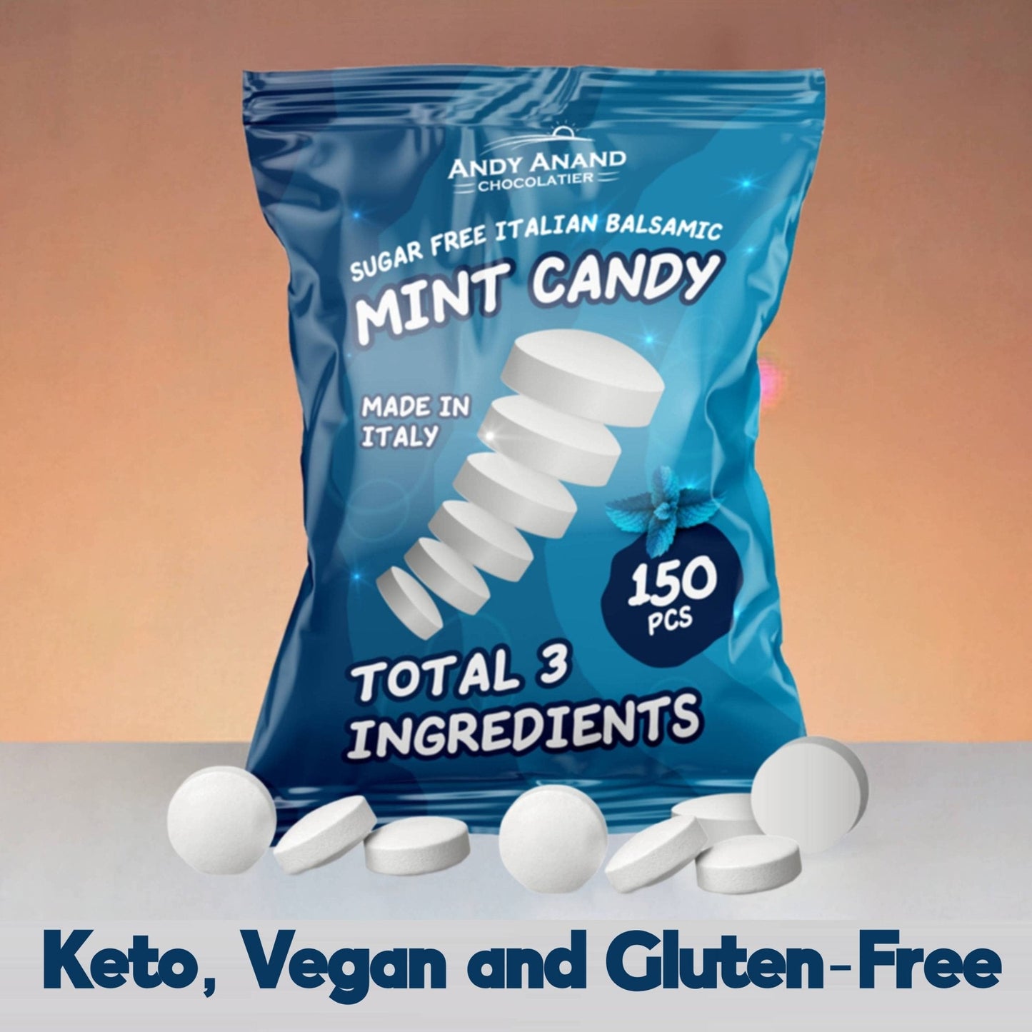 Andy Anand Sugar Free Mint Candy Fizz Italian Balsamic Mint Candy, 300 Pcs | Keto Vegan Gluten Free | Imported Candy 7 Oz