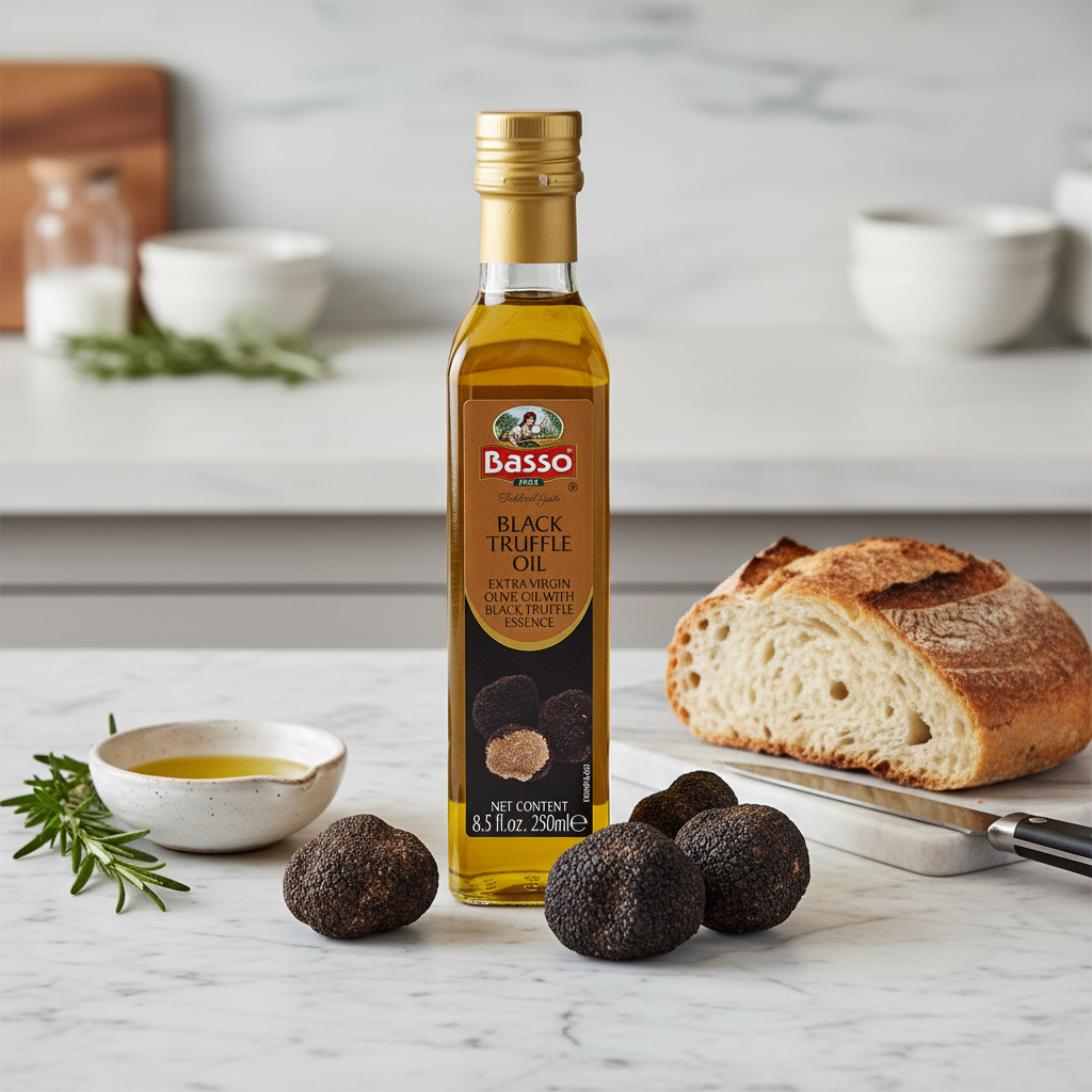 Basso 1904 Black Truffle Infused Extra Virgin Olive Oil – Gourmet Finishing Oil – 250 ml (8.5 fl oz)