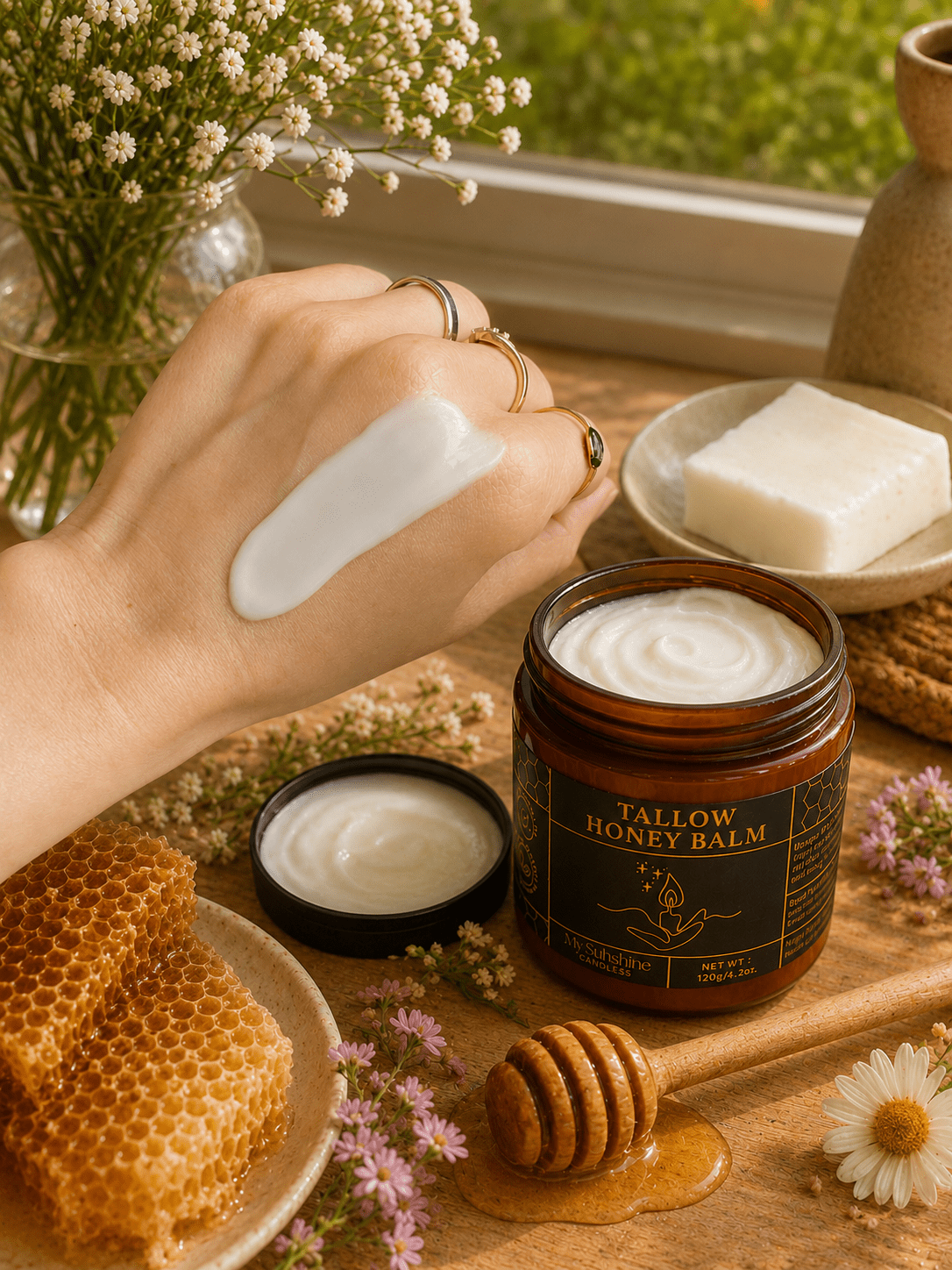 Organic Grass-Fed Beef Tallow Balm with Raw Honey – Handmade Deep Moisturizing Skin Balm for Dry Skin, Face & Body Care