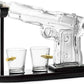Pistol Gun Decanter Set + 2 Bullet shot Glasses & Wood Stand