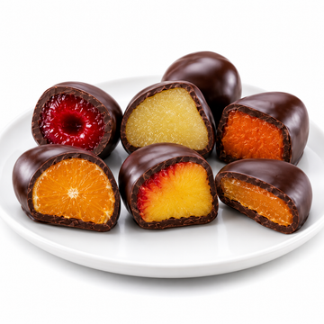 ANDY ANAND Chocolate Covered Fruits Collection Gift Box, 20 Pieces – Cherry, Pear, Pumpkin, Orange, Peach &amp; Orange Peel Covered in Premium Dark Chocolate, Gourmet Fruit Candy Assortment, California Made, Gift Ready