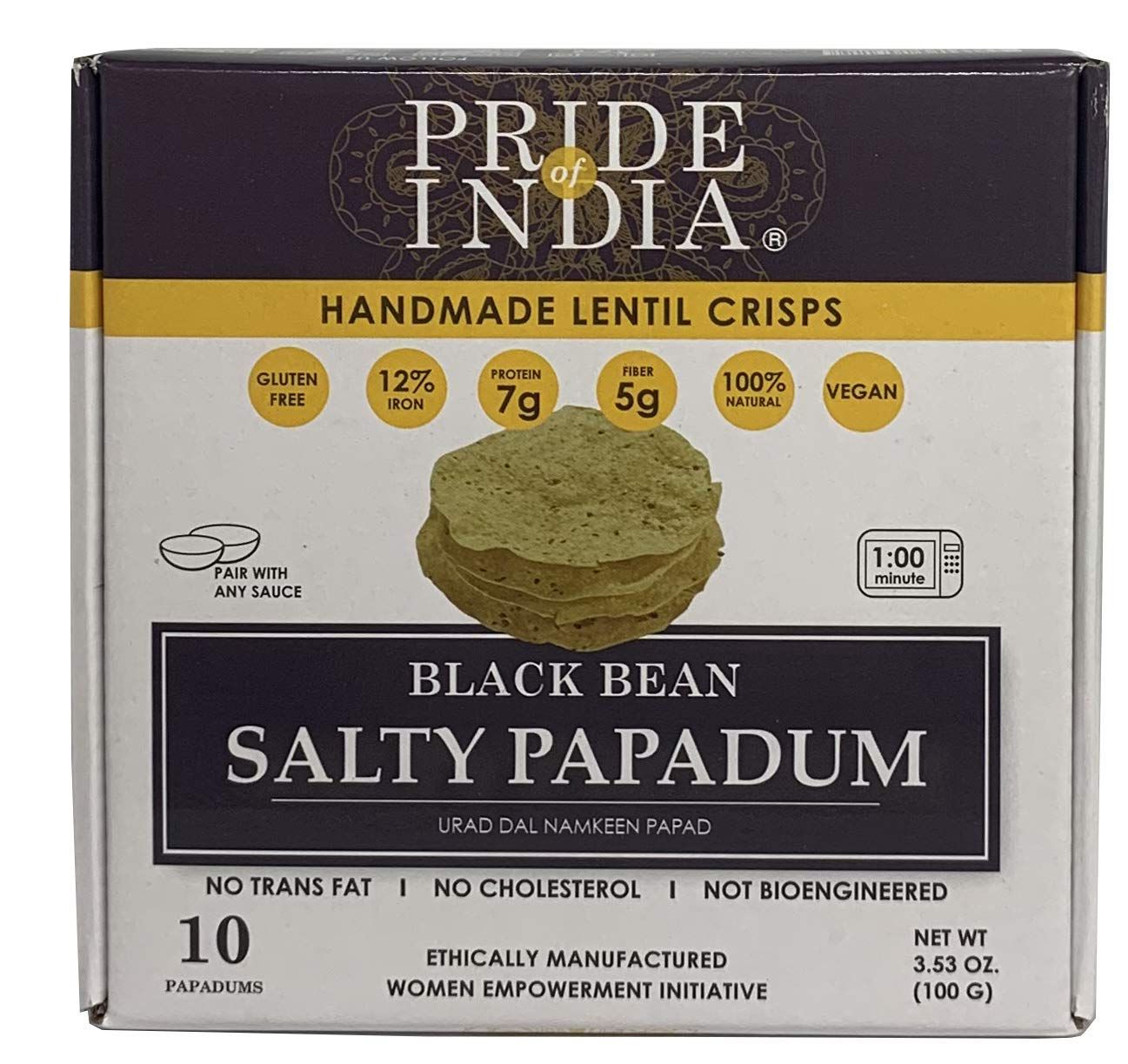 Pride Of India - Salty Black Bean Namkeen Papadum Lentil Crisp - 10 count (3.53oz - 100gm) - Lentil Chips, Gluten-Free Crackers,