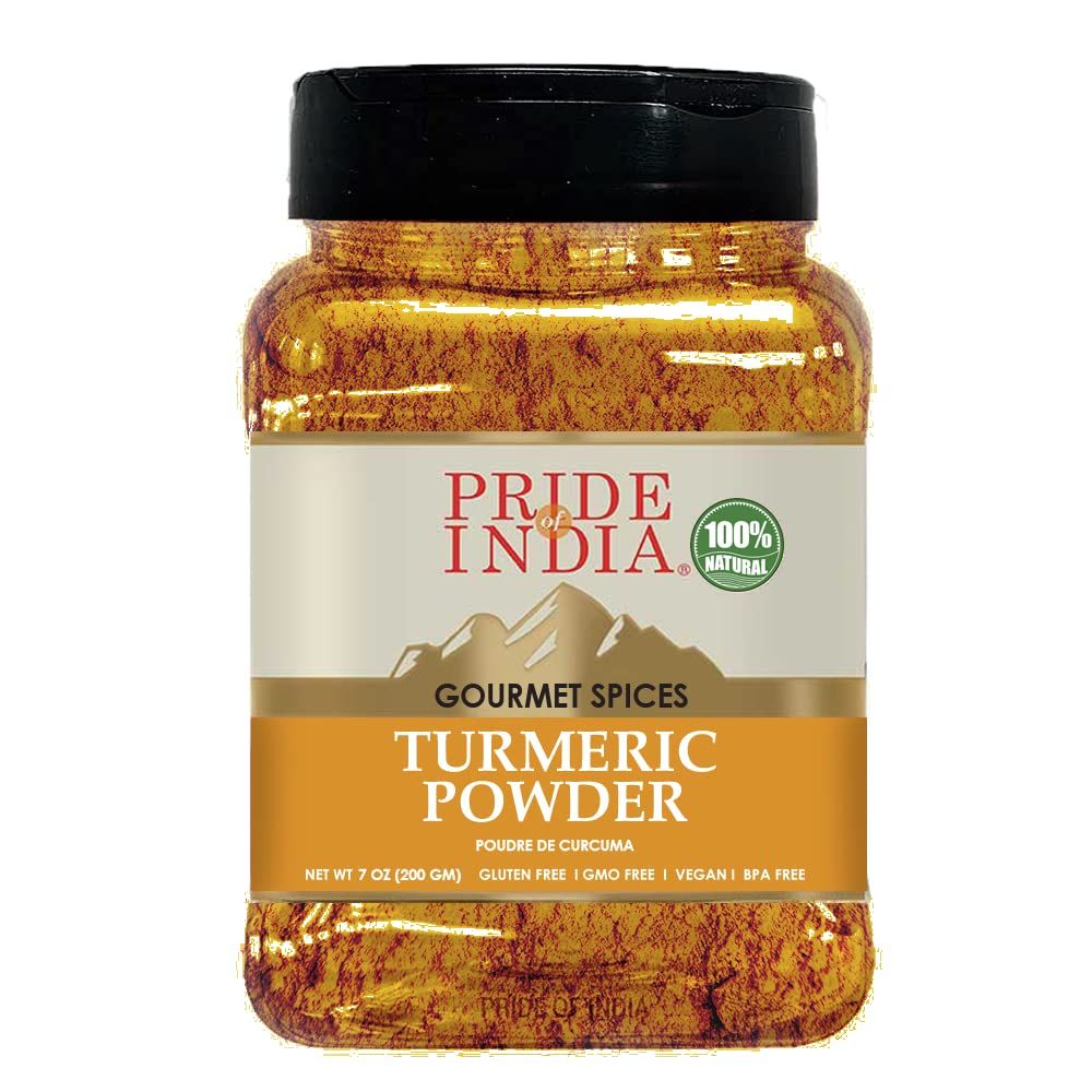 Pride Of India ?Natural Turmeric Ground ?Traditional Indian Spice ?Pantry Essential ?Curcumin Rich And Gourmet ?Ideal For Curries/Lentil/Meat/Pilaf ?Easy To Use ?8Oz. Medium Dual Sifter Jar(D0102Hpiqey.)