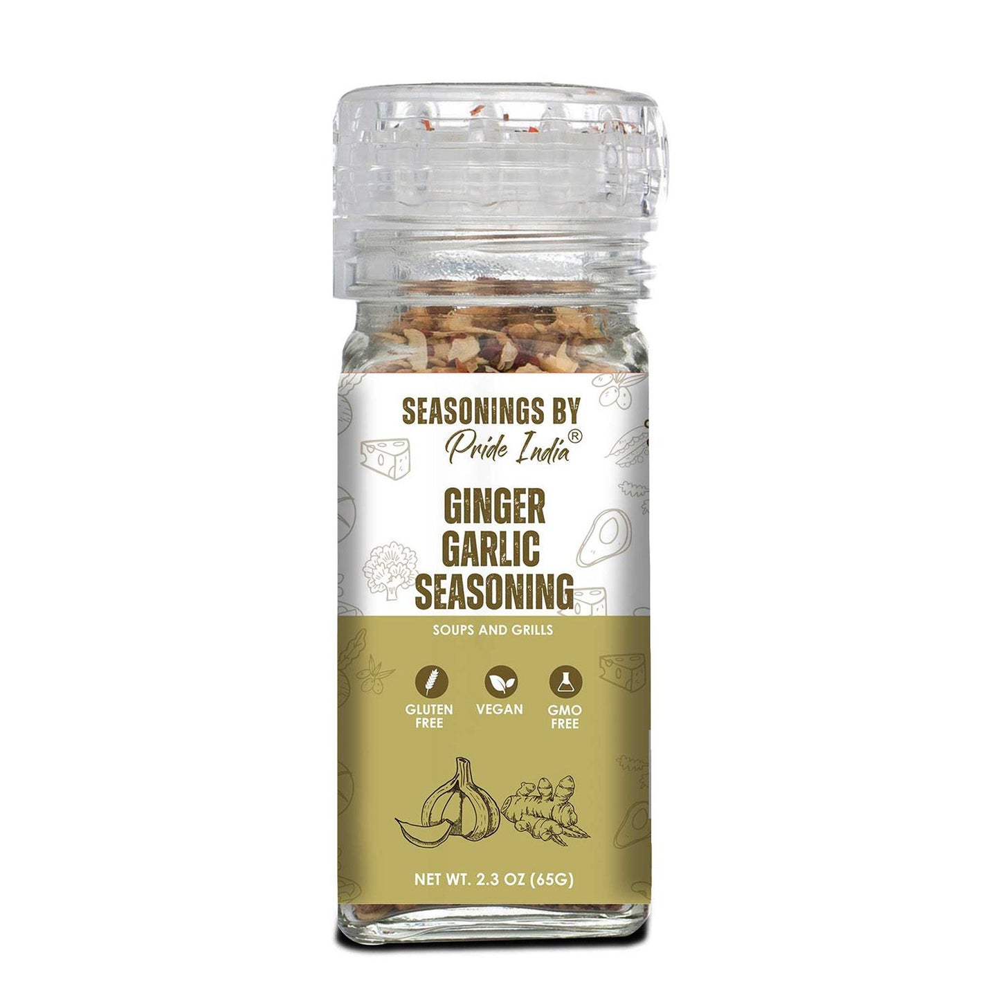 Pride of India Ginger Garlic Seasoning 2.3 oz Vegan Gluten Free with Grinder Cap - Yellow