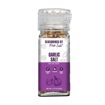 Pride Of India Garlic Salt 2.3 Oz (65 Gm) W/ Convenient Grinder Cap Savory Pungent Tangy Taste | Himalayan Pink Salt Minced Garl