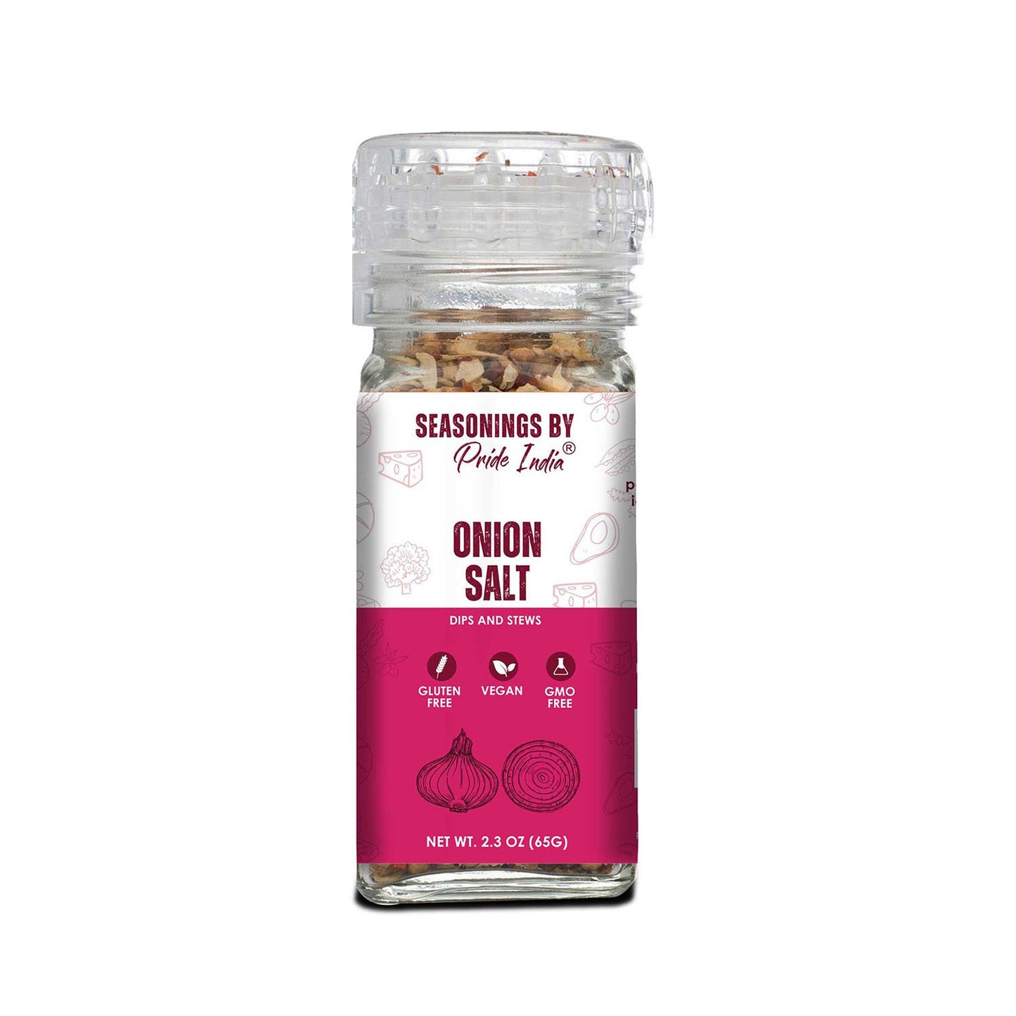 Pride Of India Onion Salt with Grinder Cap, Vegan, Gluten-Free, 2.3 oz