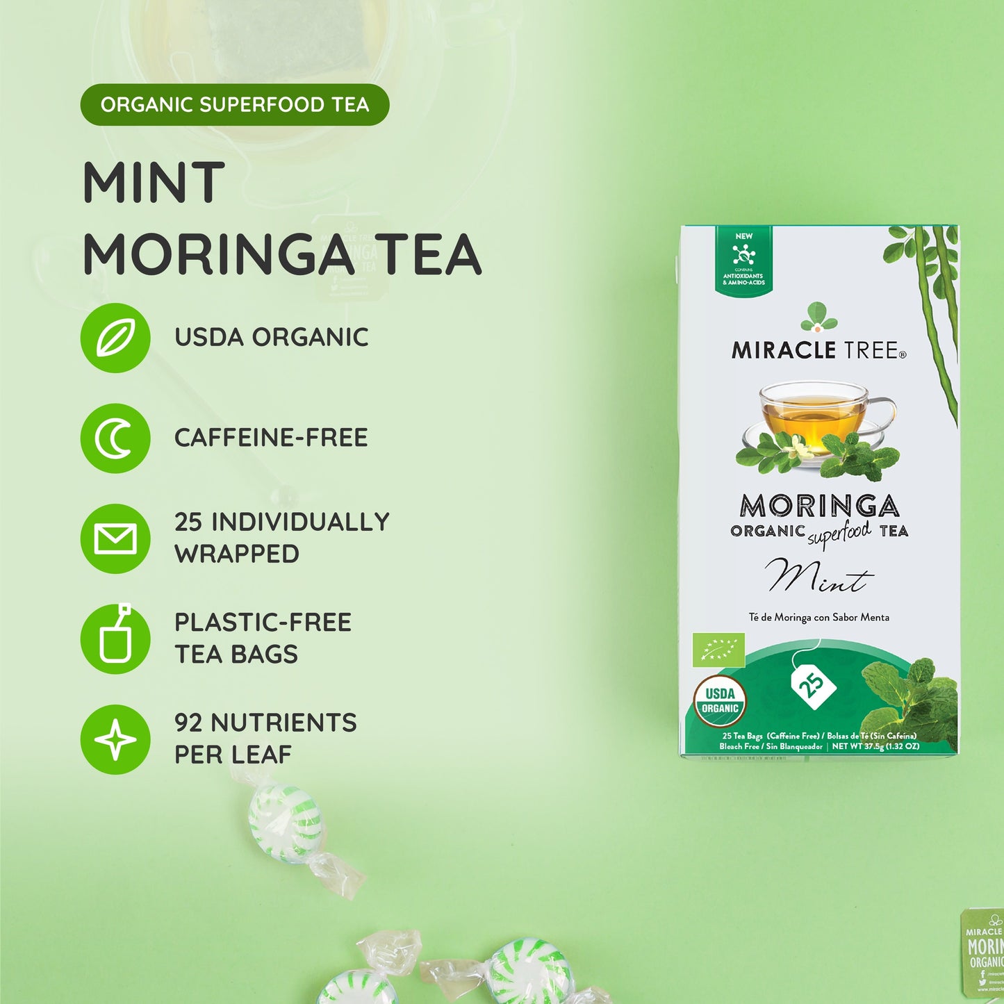 Organic Moringa Tea - Mint - Caffeine-Free Herbal Tea