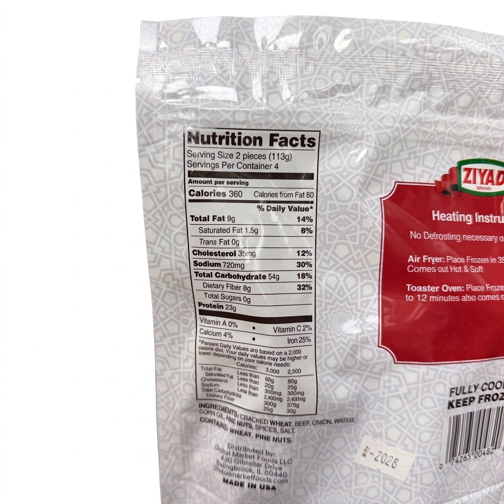 Ziyad Kibbeh 16 oz - Cracked Wheat Crust & Halal Beef (8 Pieces)