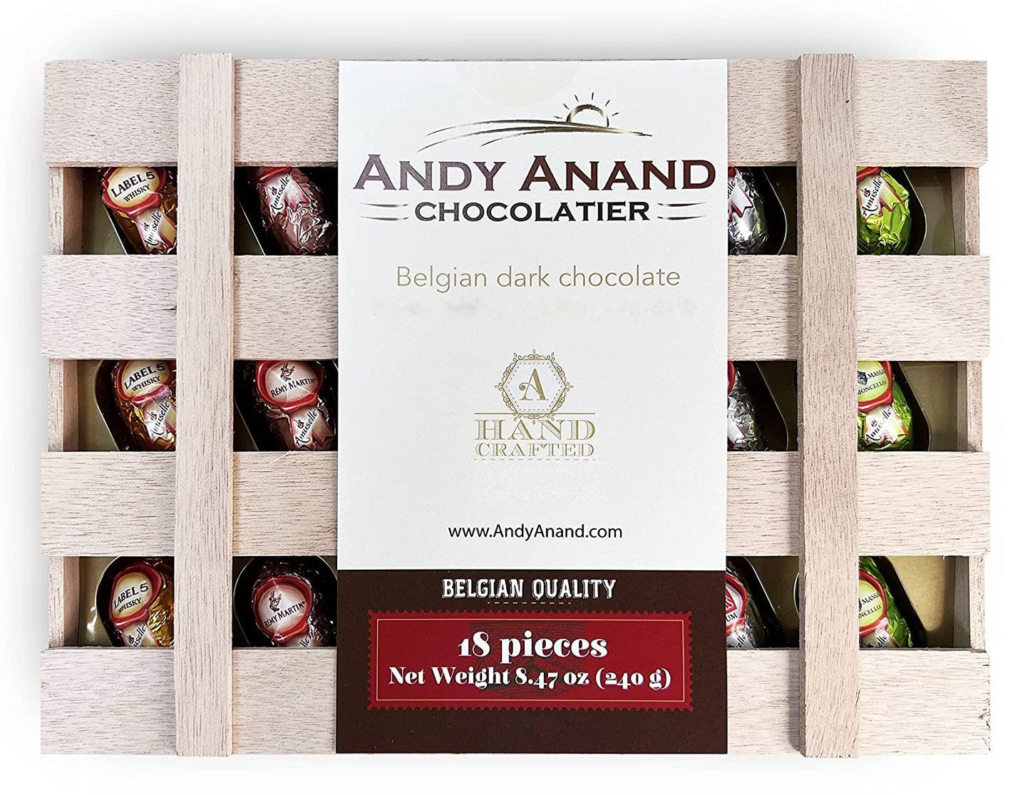 Andy Anand Vegan European Liqueur Dark Chocolate Cordials Bottles – Non-Alcoholic Cordials Assortment, Premium 60% Chocolate (Cocoa Butter) Gift Box, 18 Count
