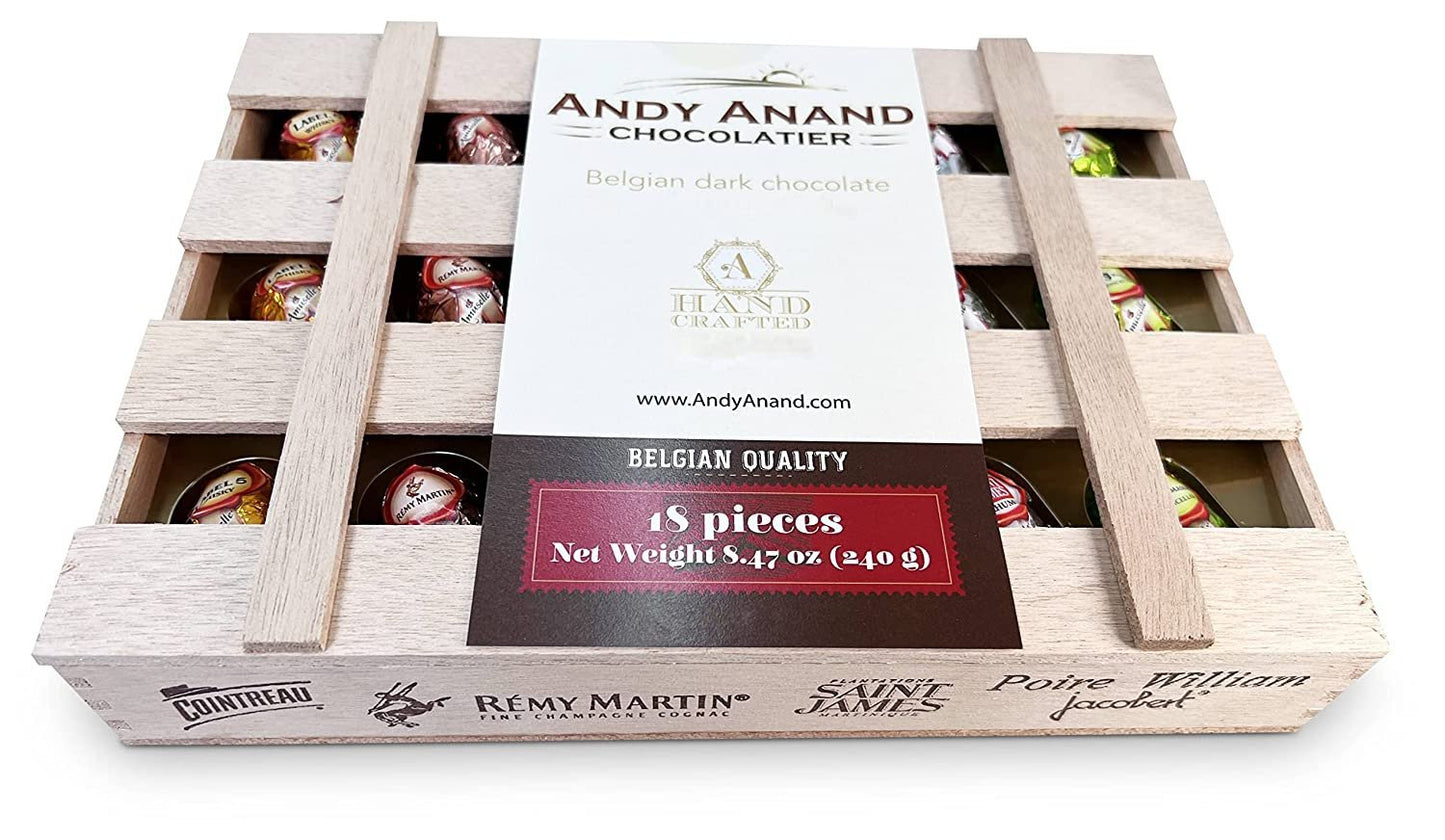 Andy Anand Vegan European Liqueur Dark Chocolate Cordials Bottles – Non-Alcoholic Cordials Assortment, Premium 60% Chocolate (Cocoa Butter) Gift Box, 18 Count