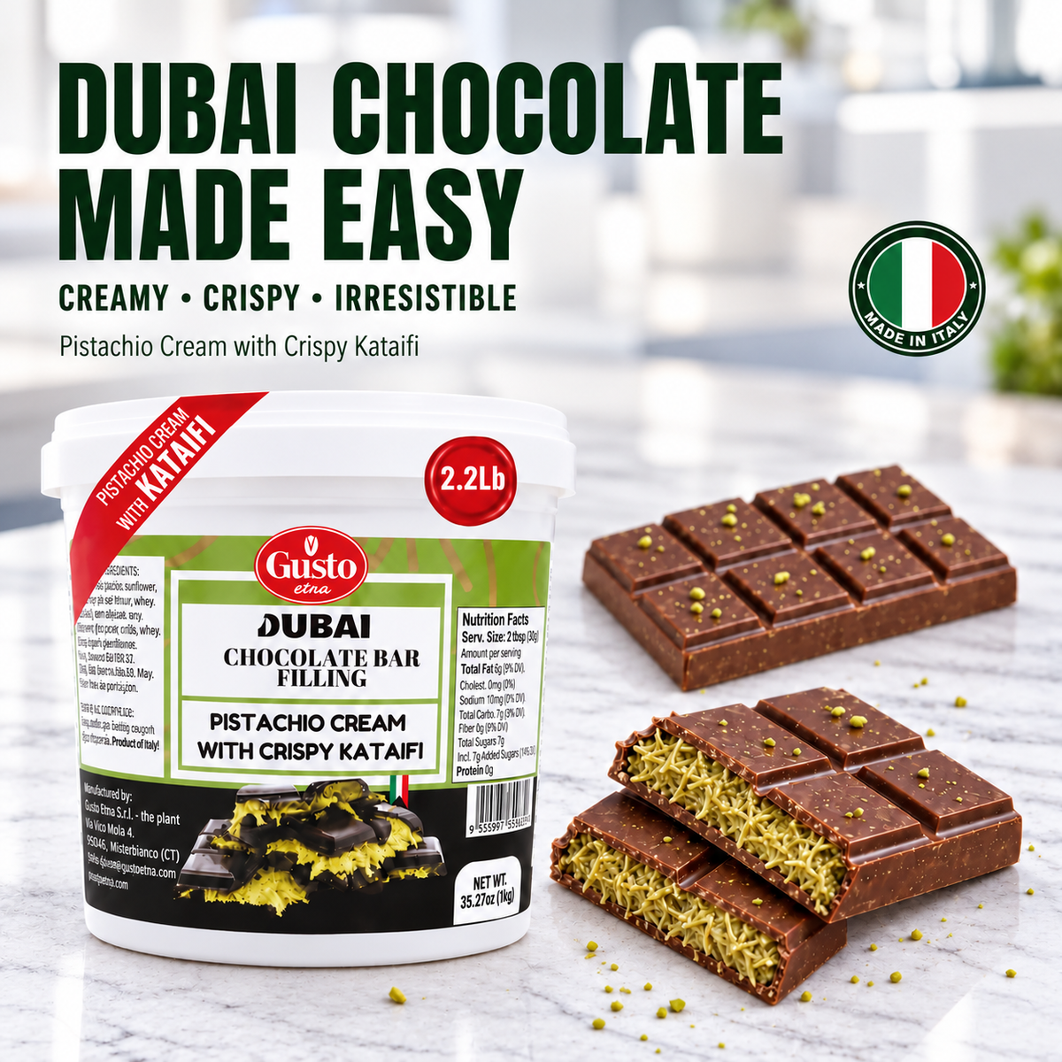 Gusto Etna Dubai Chocolate Pistachio Filling with Kataifi – 30% Pistachio – 1 kg (2.2 lb)
