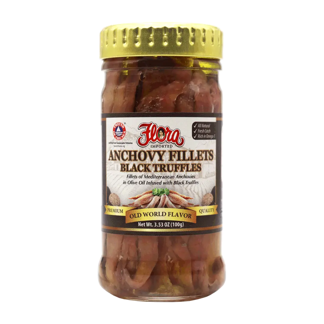 Mediterranean Anchovy Fillets in Olive Oil Infused with Black Truffles - 3.5oz