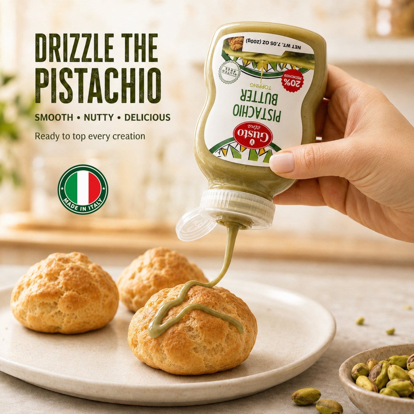Gusto Etna Sicilian Pistachio Cream Squeeze Pouch (20% Pistachio) – 200g / 7.05 oz