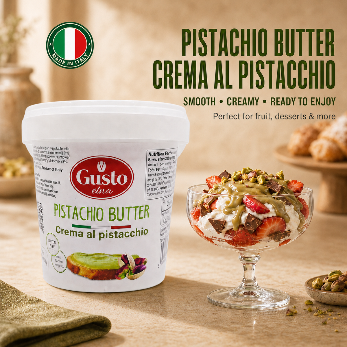 Gusto Etna Sicilian Pistachio Cream Spread (35% Pistachio) – 3kg / 6.6 lb Bulk