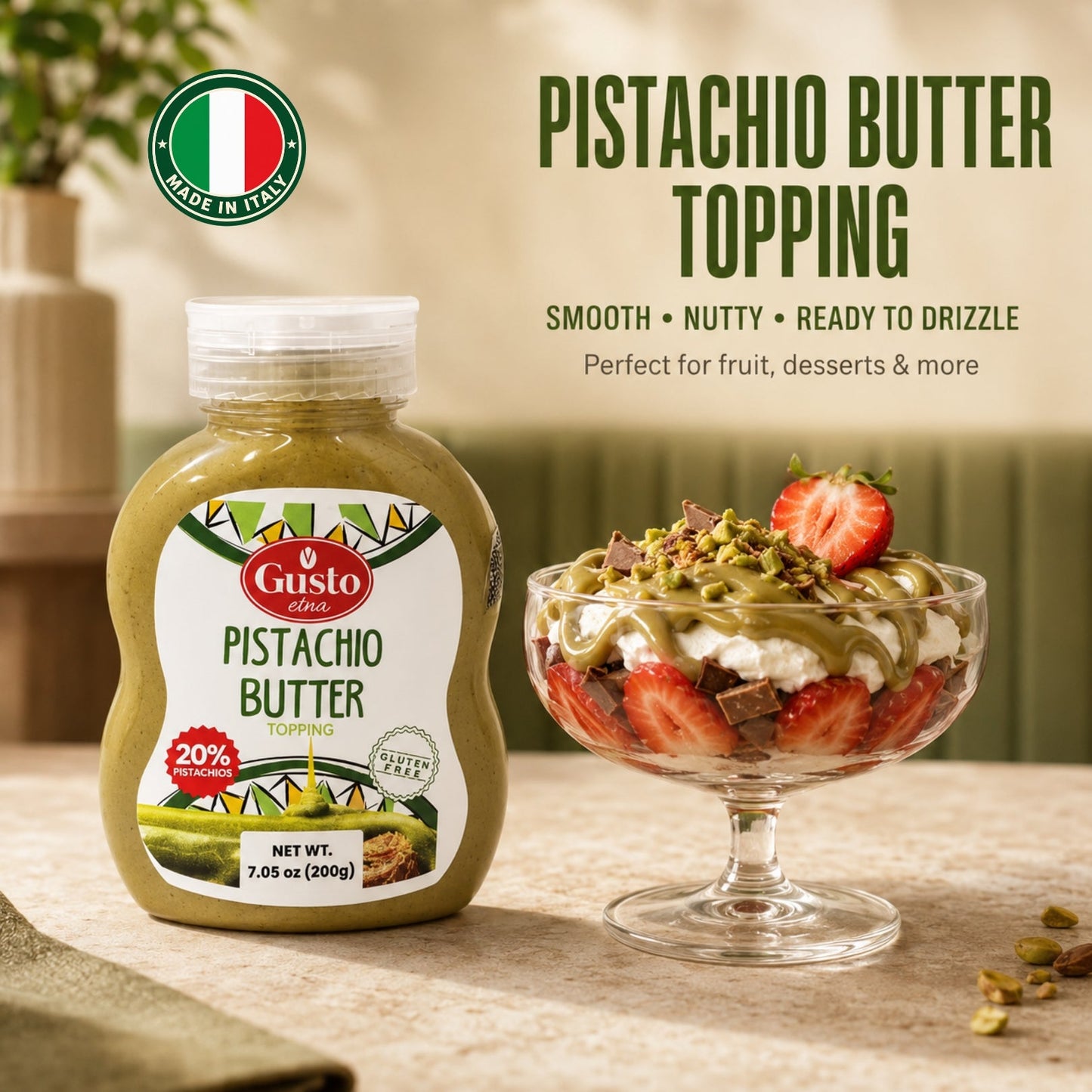 Gusto Etna Sicilian Pistachio Cream Squeeze Pouch (20% Pistachio) – 200g / 7.05 oz