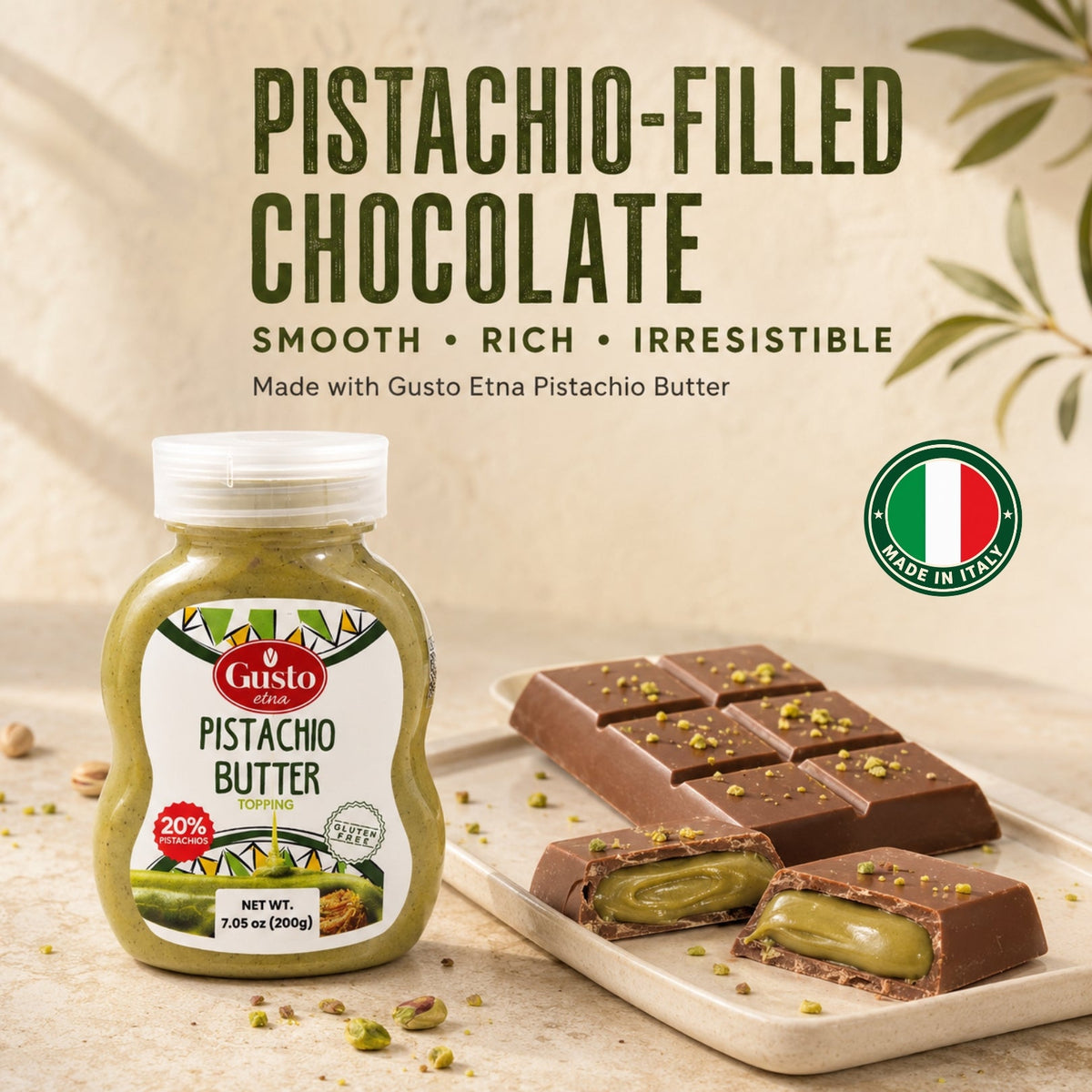 Gusto Etna Sicilian Pistachio Cream Squeeze Pouch (20% Pistachio) – 200g / 7.05 oz