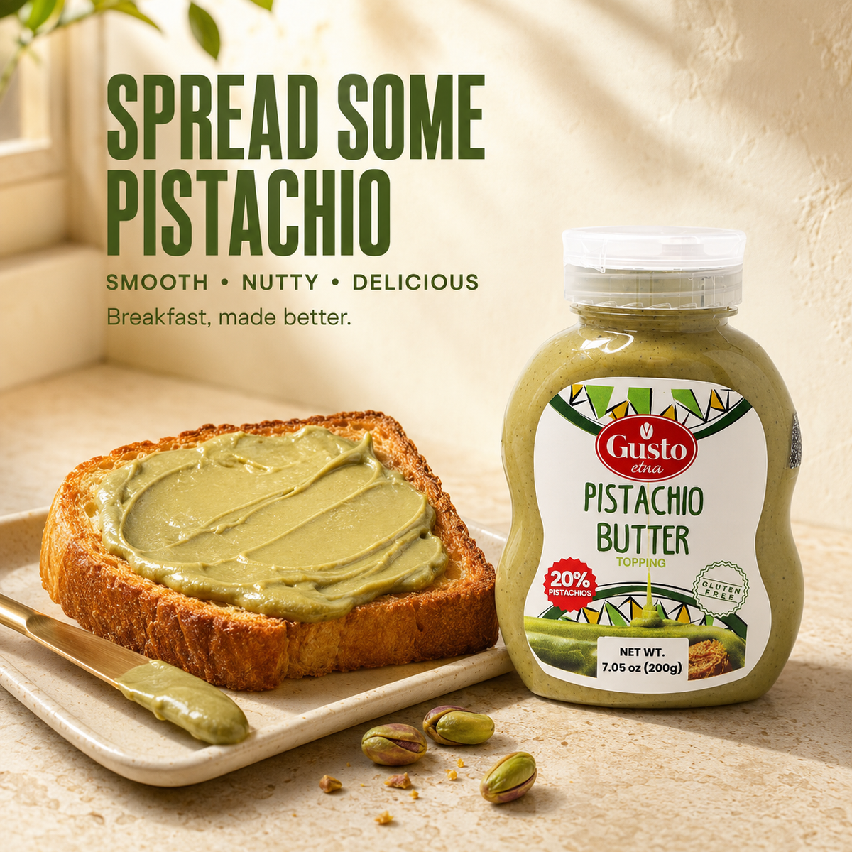 Gusto Etna Sicilian Pistachio Cream Squeeze Pouch (20% Pistachio) – 200g / 7.05 oz