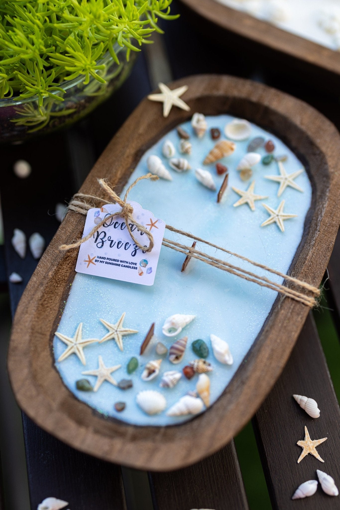 Handcrafted Seashell & Starfish Soy Wax Candle | Farmhouse Summer Decor | Triple Wooden Wicks