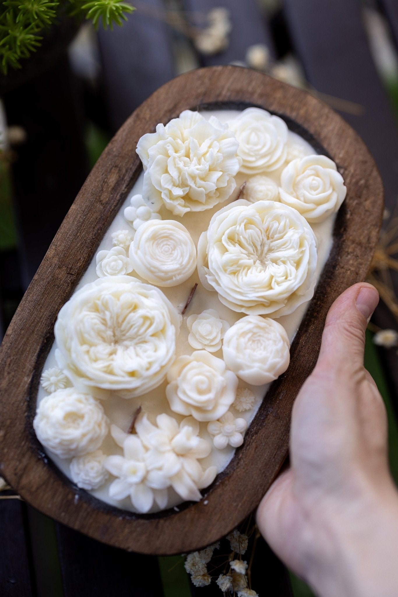Beautiful Flower Dough Bowl Candle – Flower Scented Handcrafted Dough Bowl – Large Farmhouse Candle