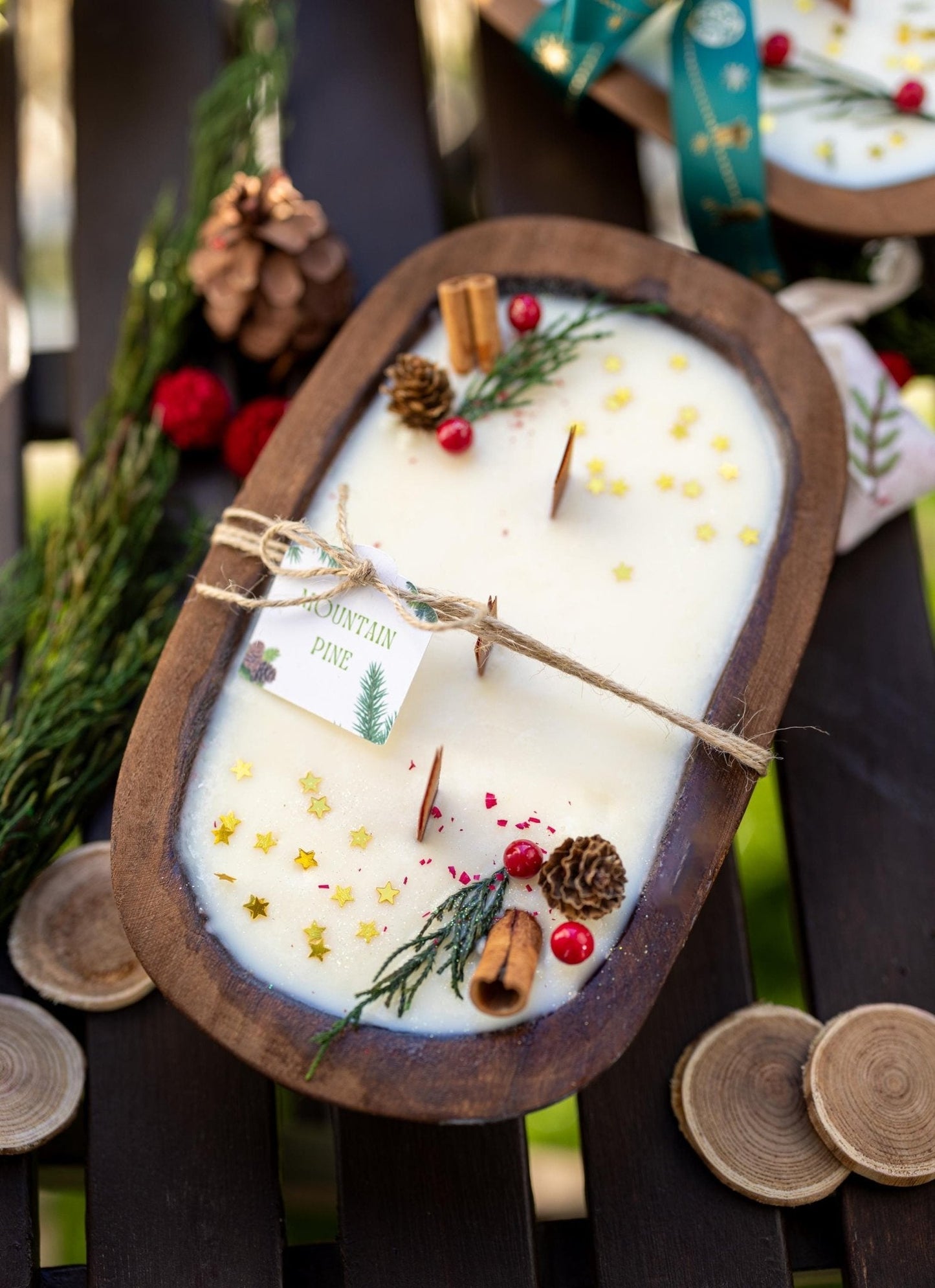 Handcrafted Christmas Wooden Dough Bowl Candle - Farmhouse Decor, Soy Wax Scented