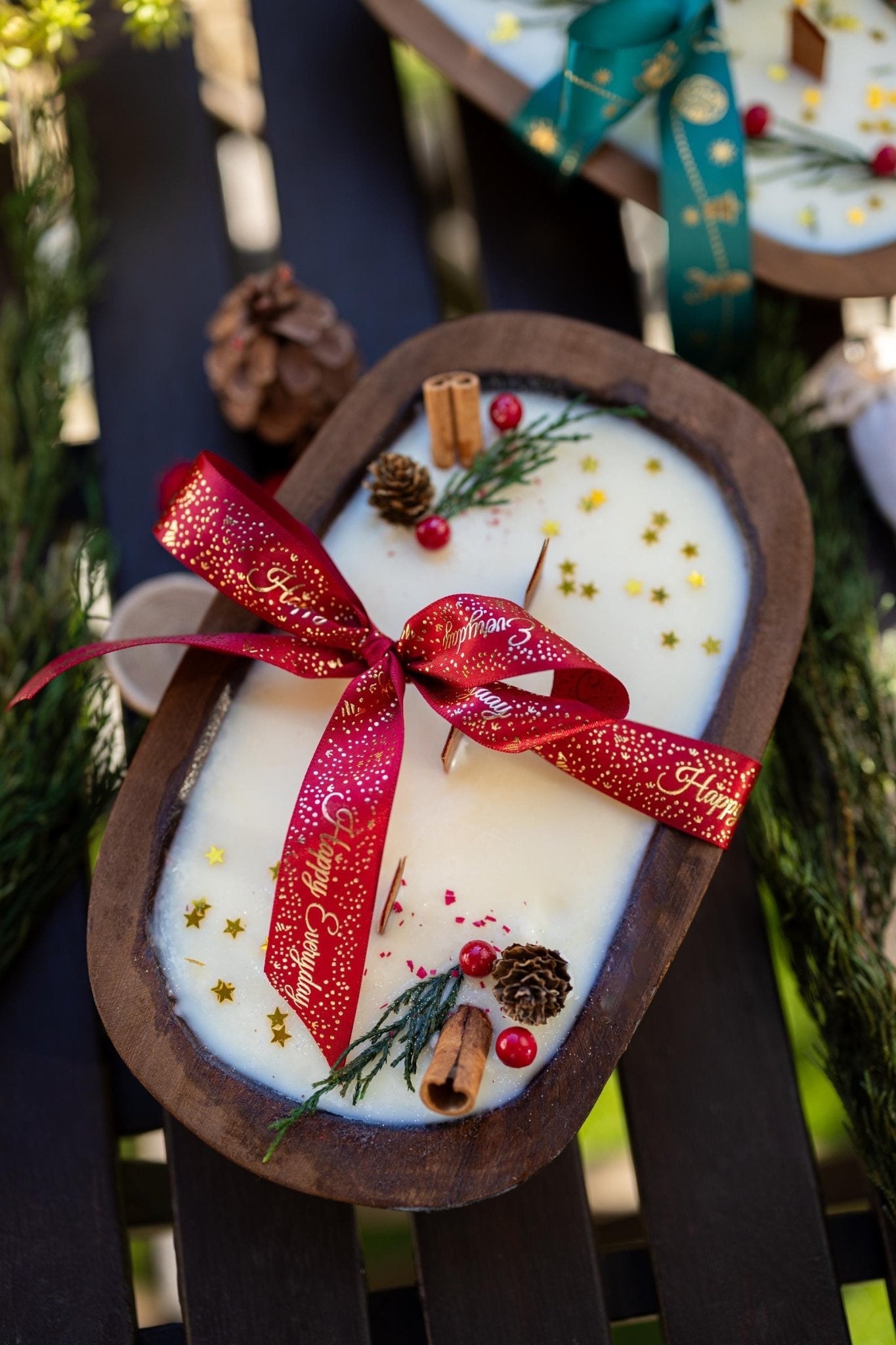 Handcrafted Christmas Wooden Dough Bowl Candle - Farmhouse Decor, Soy Wax Scented