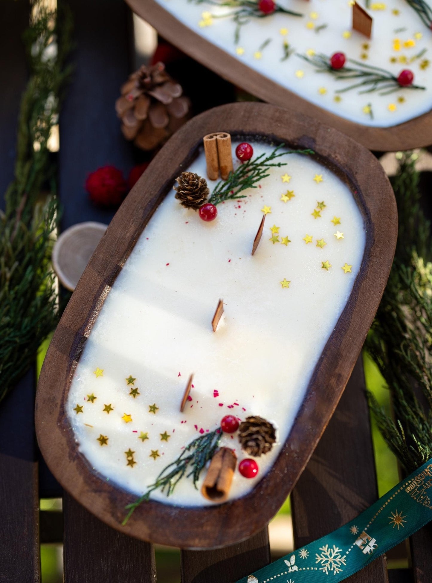 Handcrafted Christmas Wooden Dough Bowl Candle - Farmhouse Decor, Soy Wax Scented