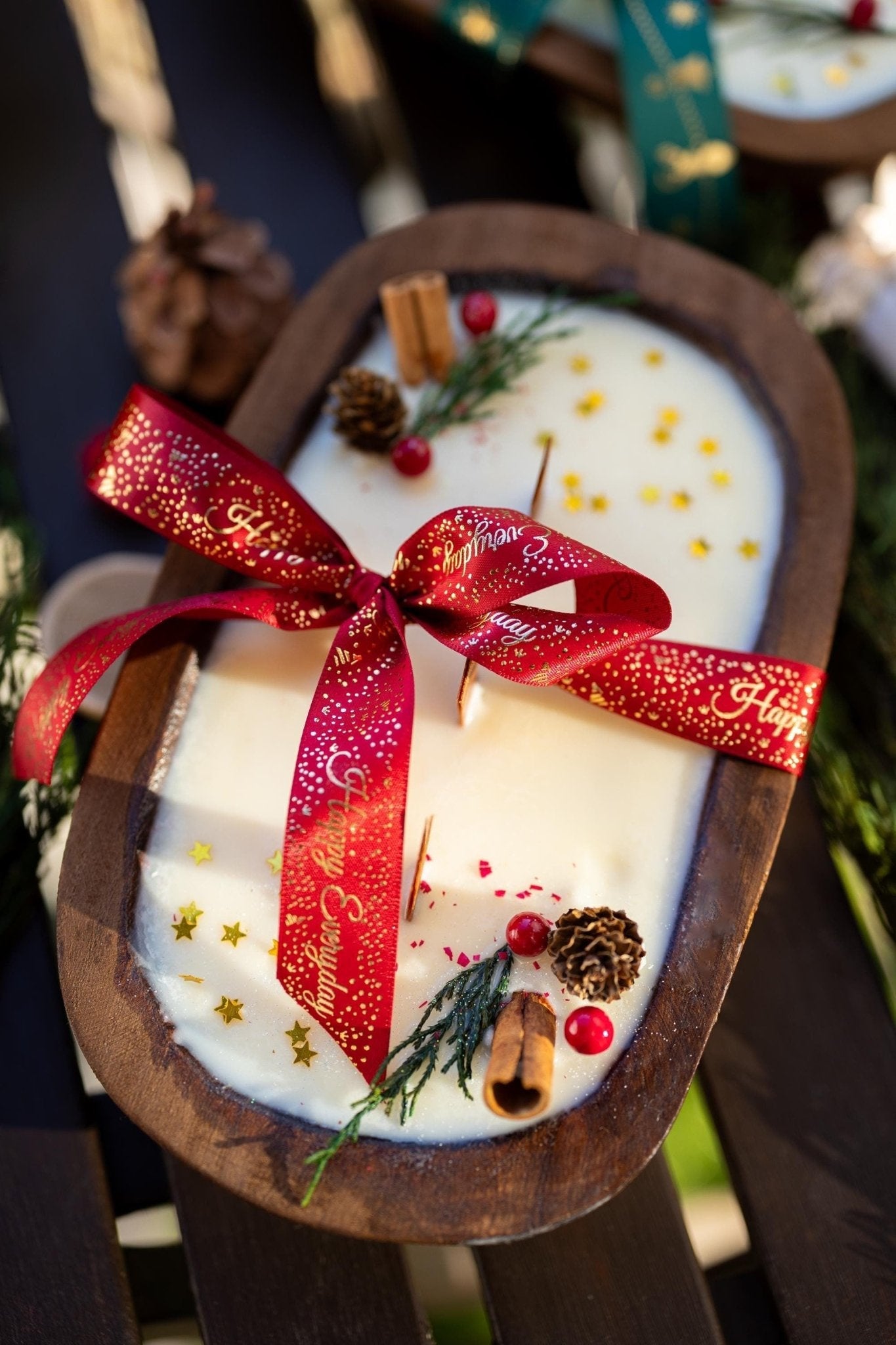 Handcrafted Christmas Wooden Dough Bowl Candle - Farmhouse Decor, Soy Wax Scented