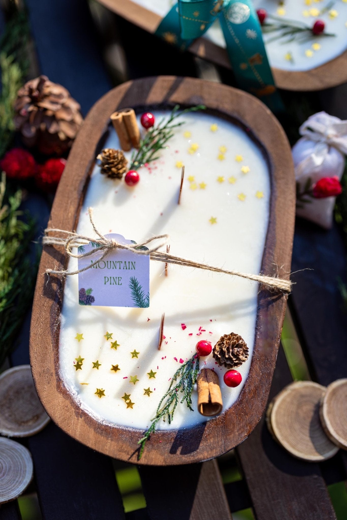 Handcrafted Christmas Wooden Dough Bowl Candle - Farmhouse Decor, Soy Wax Scented