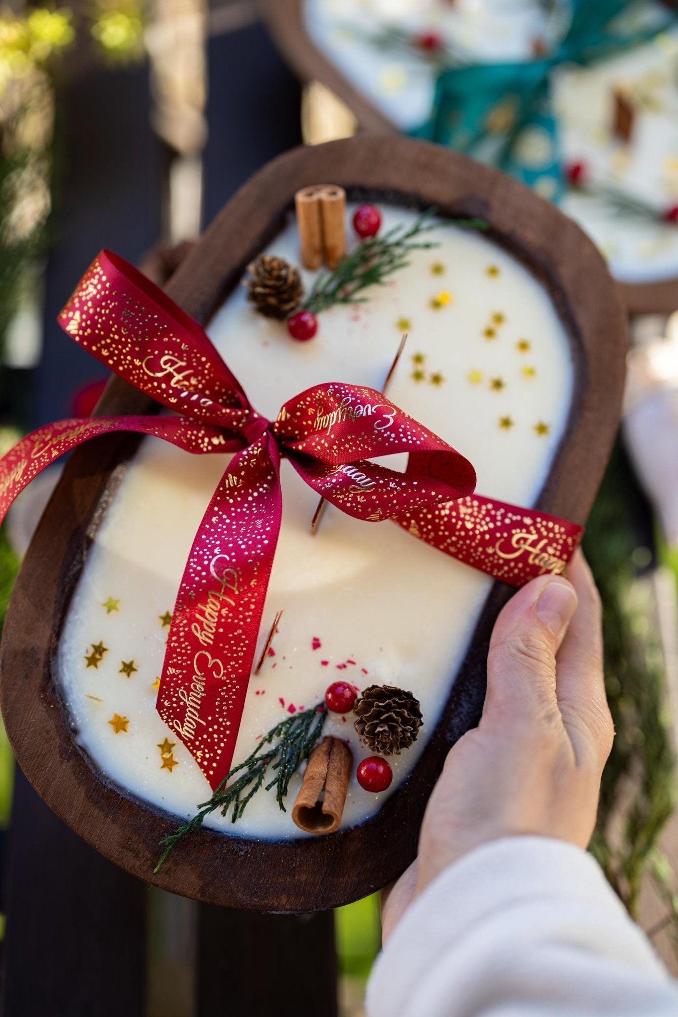 Handcrafted Christmas Wooden Dough Bowl Candle - Farmhouse Decor, Soy Wax Scented