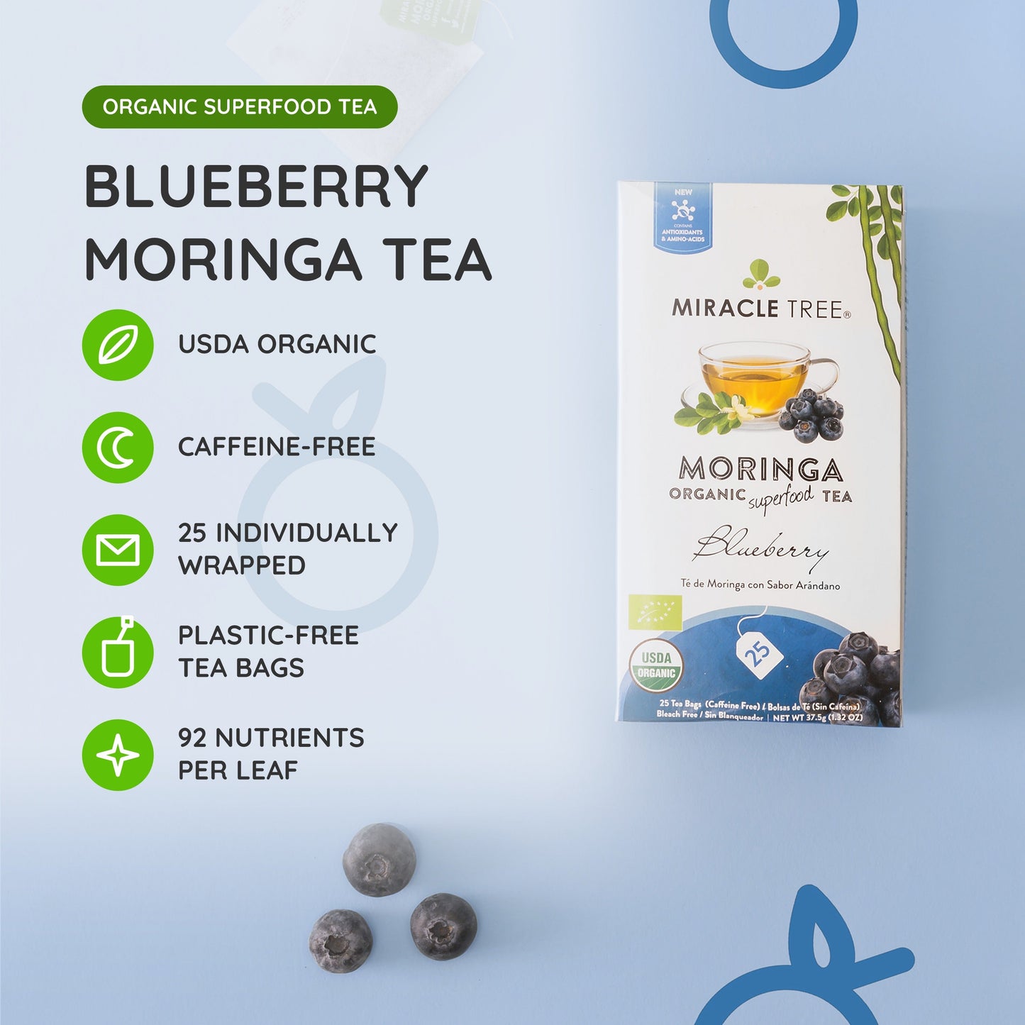 Organic Moringa Tea - Blueberry - Caffeine-Free Herbal Tea