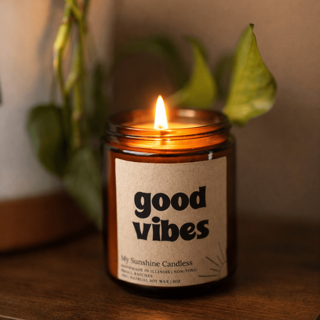 Good Vibes Amber Jar Candle 8 oz – Soy Wax Candle, Clean Burning, Non-Toxic, Handmade