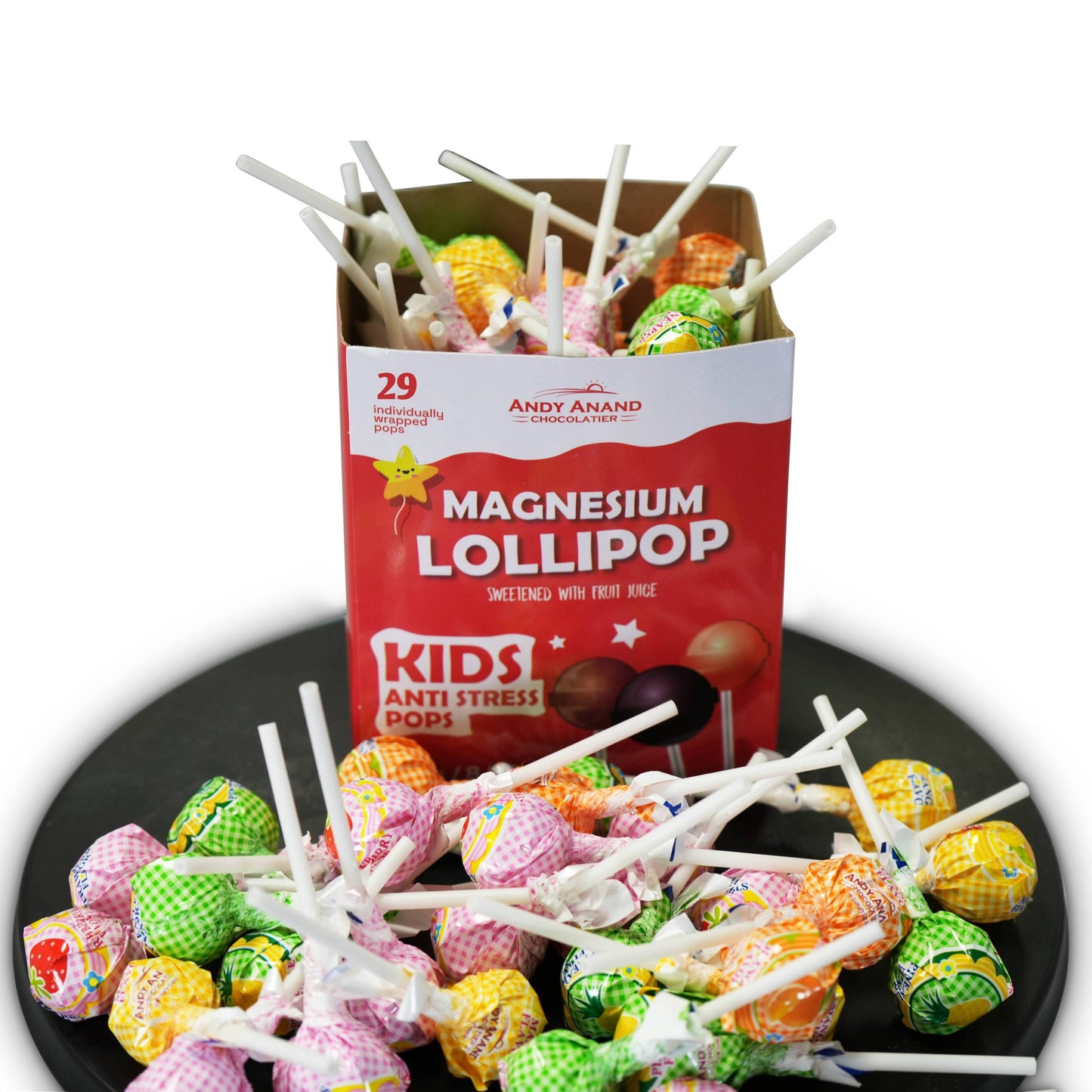 Andy Anand Magnesium Low Calorie Lollipops & Calming Magnesium Sweet & Calm Combo in fruit flavors Kids Magnesium Pops, 8.8 oz - Kids Love Them! Sweetened with real fruit Juice