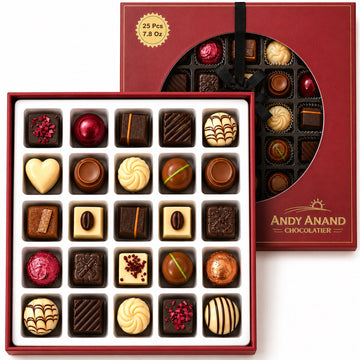 Andy Anand Premium Bon Bon Chocolate Collection, 25 pc – Truffles, Pralines, Pistachio Cream, Mint & Tiramisu, Birthday & Holiday Gift Box