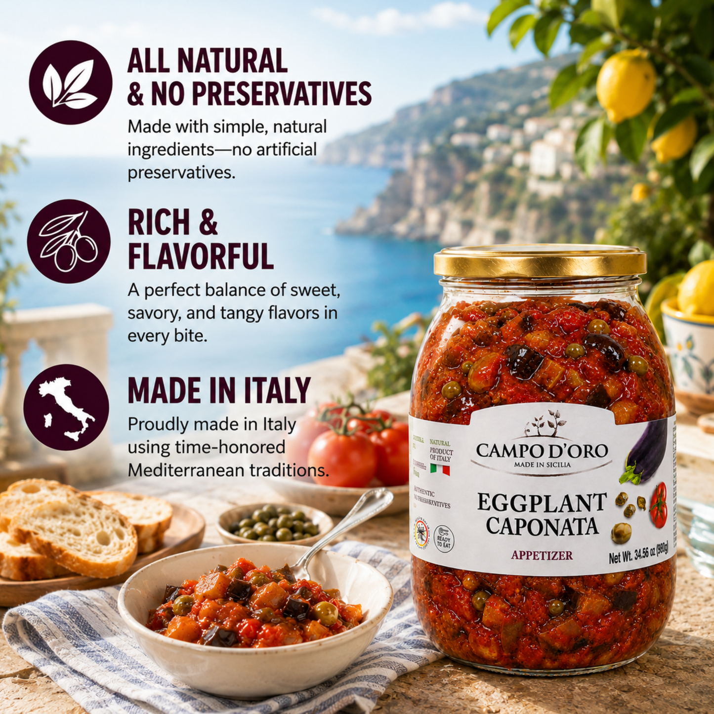 Campo D'Oro, Sicilian Eggplant Caponata, Appetizer, Big Jar, 34.5 oz