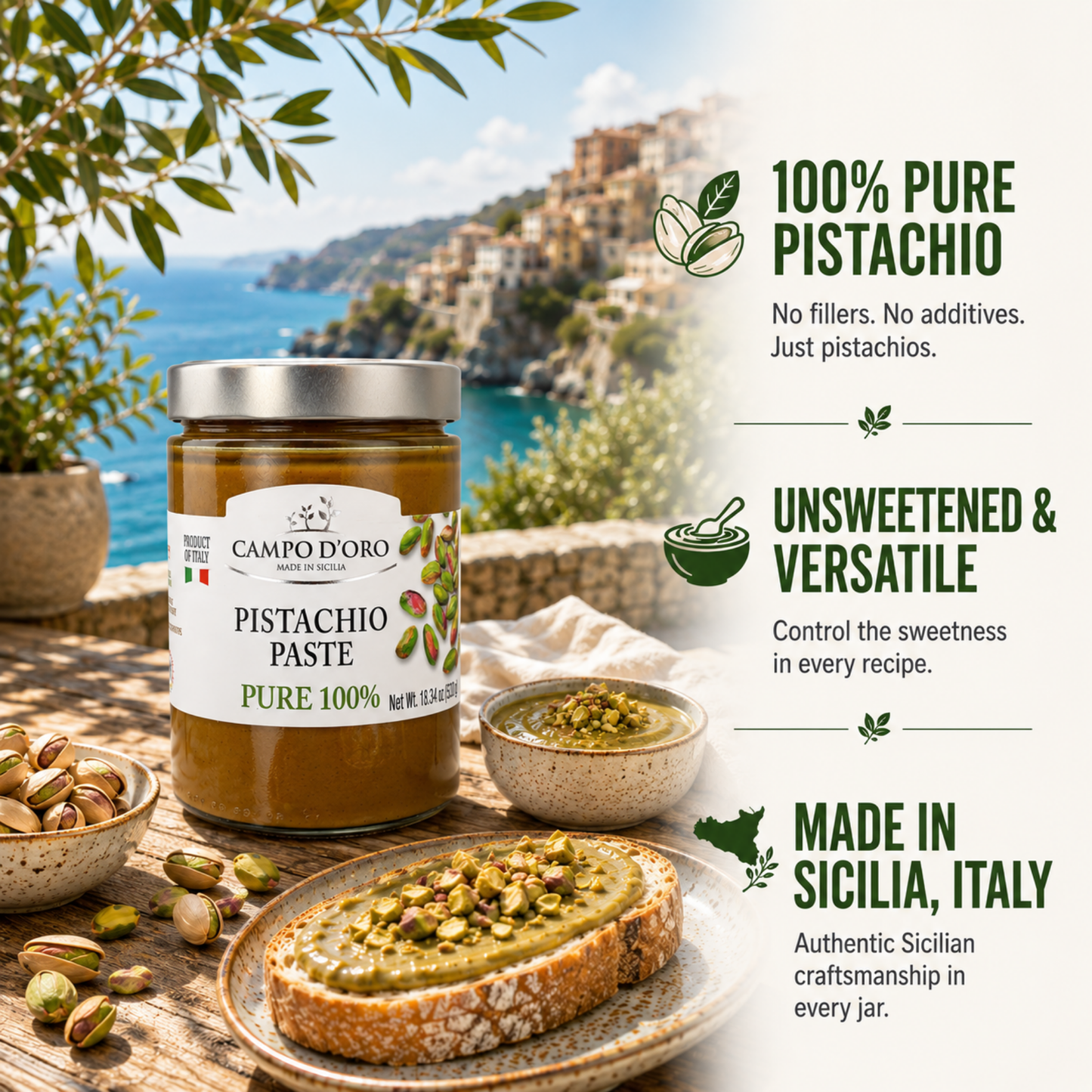 Campo D'Oro, Pure Pistachio Paste, 100% Pistachio, 18.34 oz