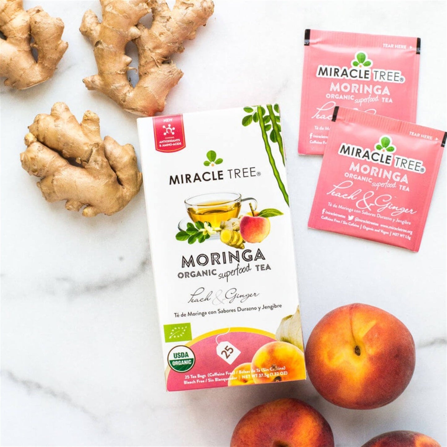 Organic Moringa Tea - Peach & Ginger - Caffeine-Free Herbal Tea
