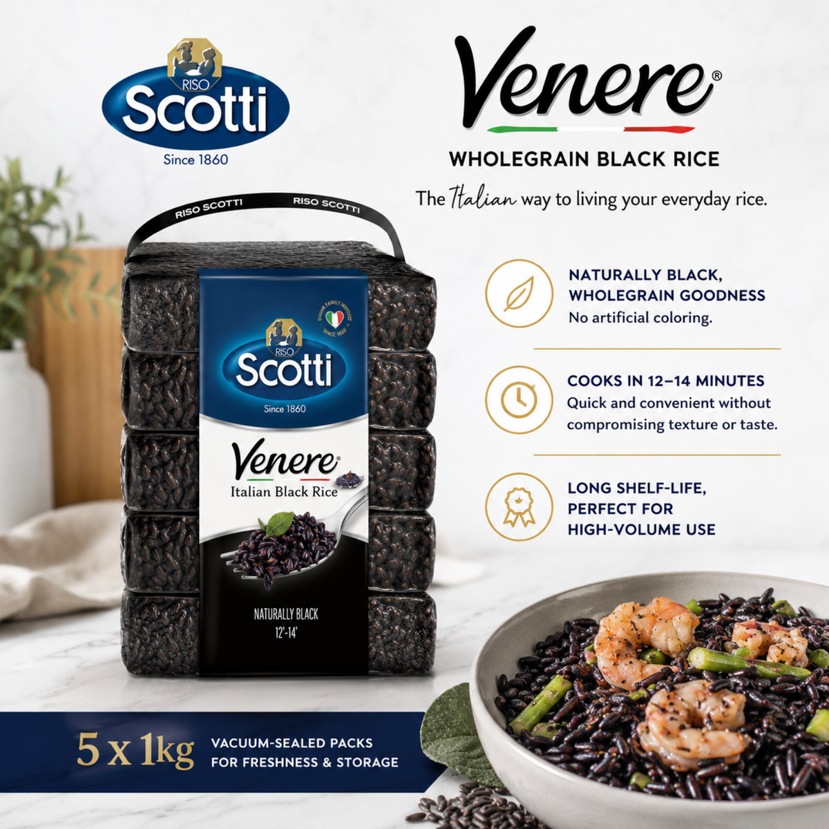 Riso Scotti Venere Black Italian Rice – Bulk (5 x 1 kg / 11 lb)