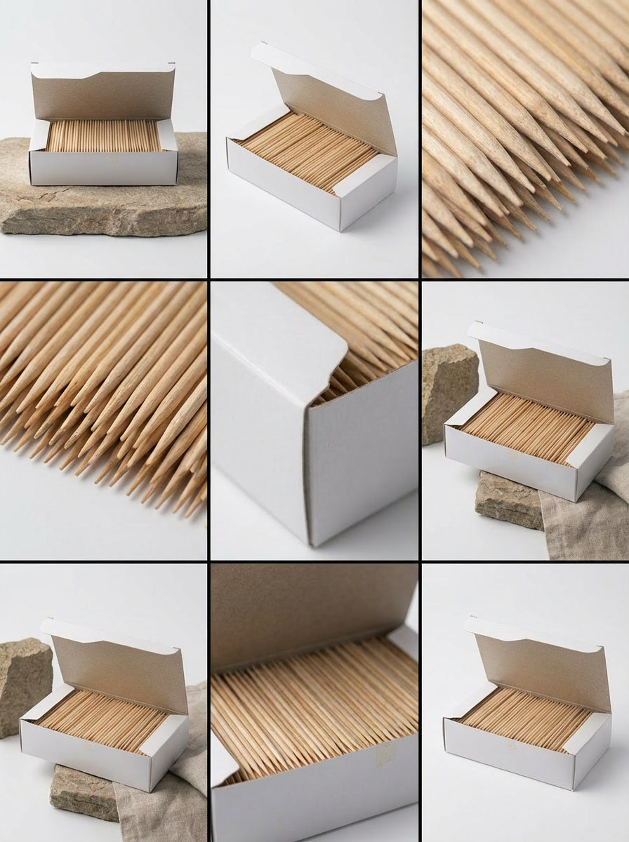 1000 Qty Double Point Birchwood Toothpicks In Cardboard Reusable Box BiteMyWood Brand